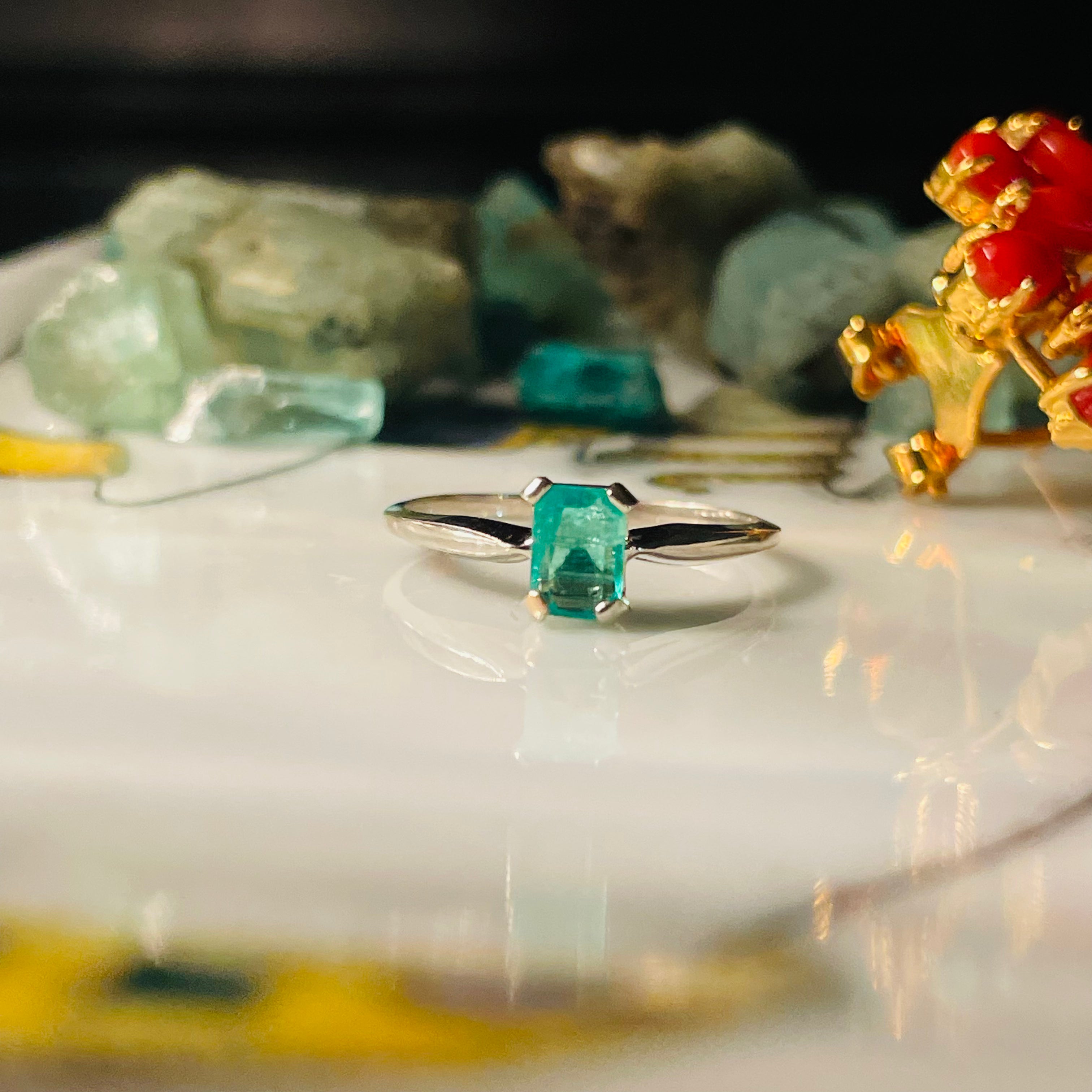 Solitaire Colombian Emerald 14K White Gold Ring Size 6