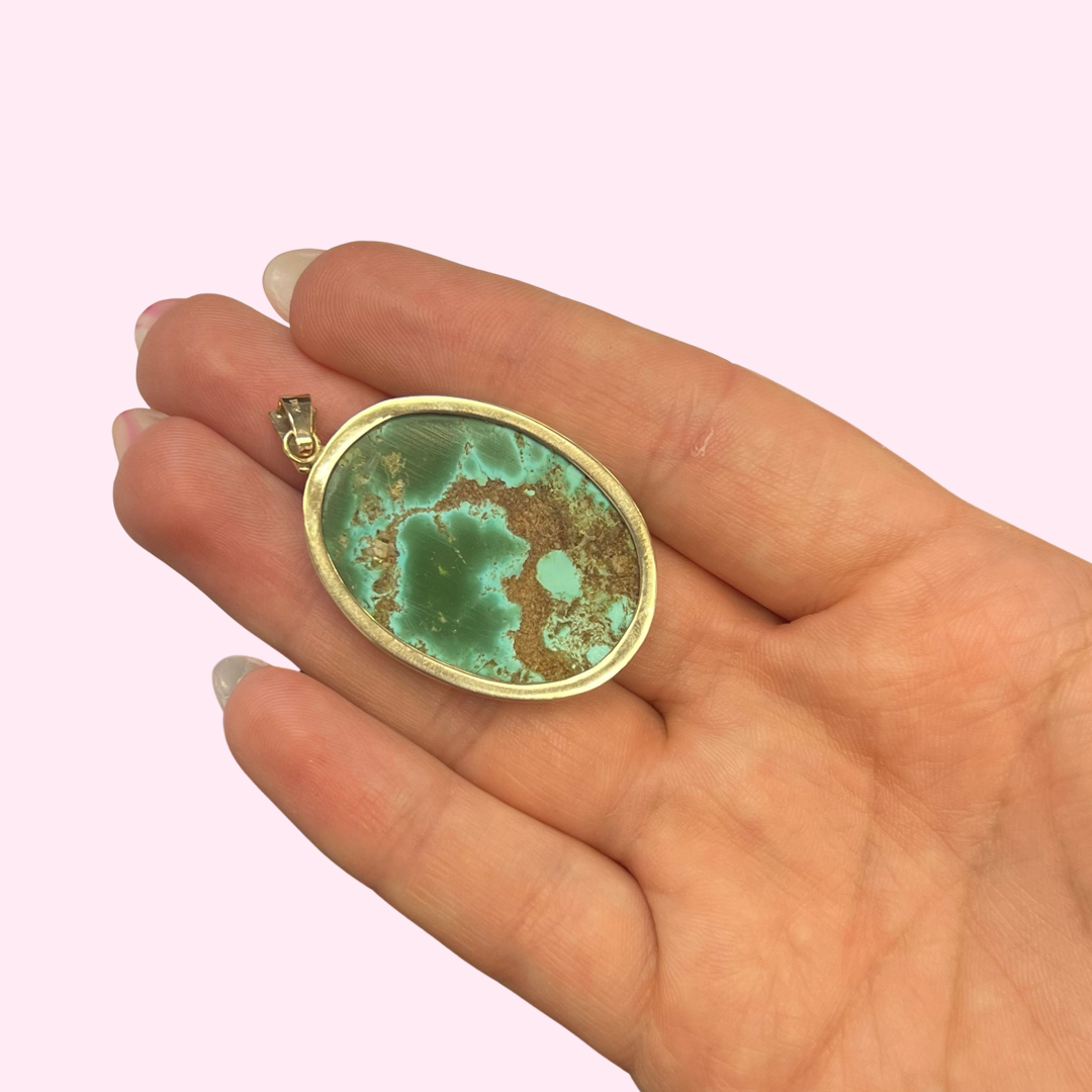 Large Natural Oval Turquoise 14K Pendant Pendant Charm 1.75 x 1.1"