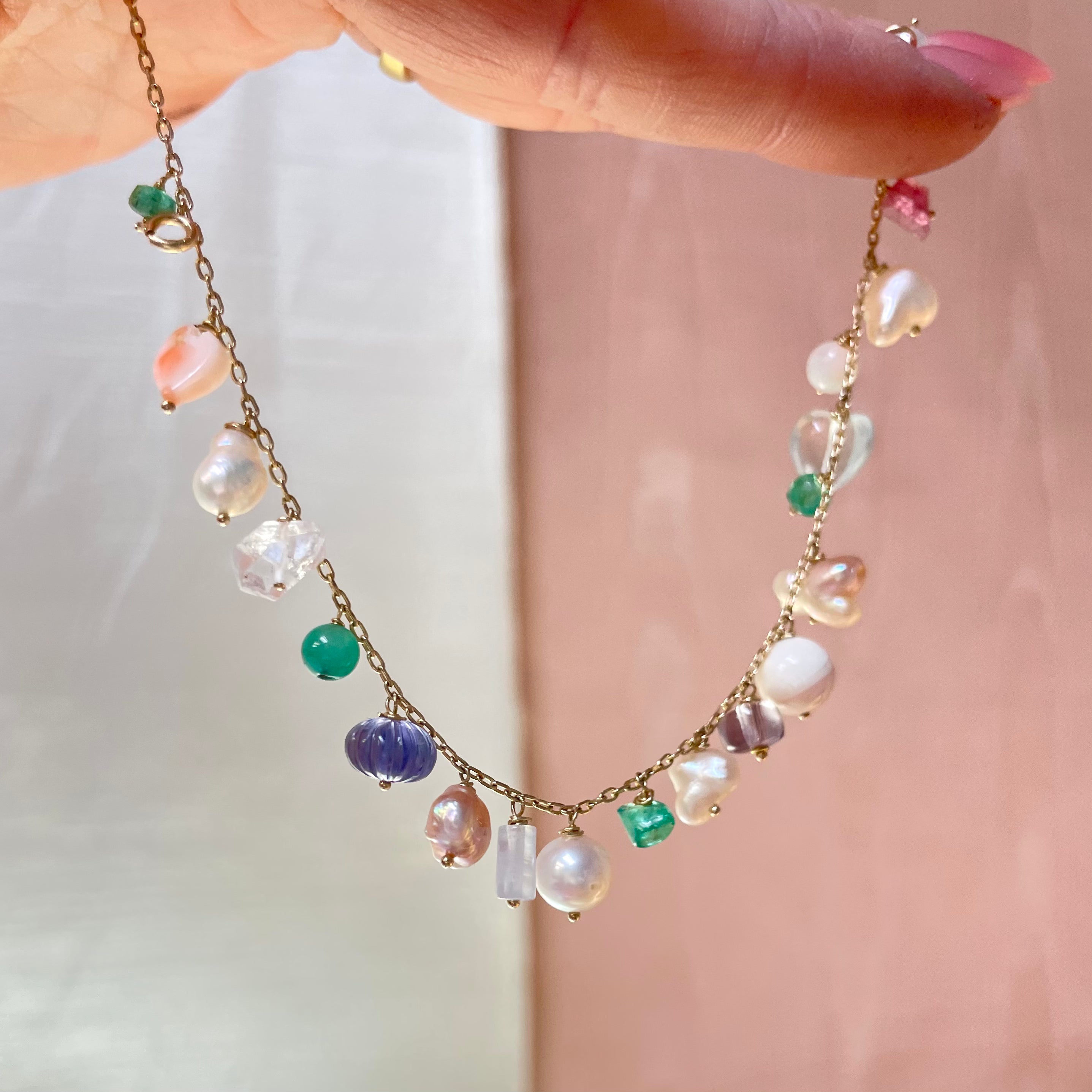 Fairy Garden Solid 14K Yellow Gold Multi Gem Pastel Charm Bracelet