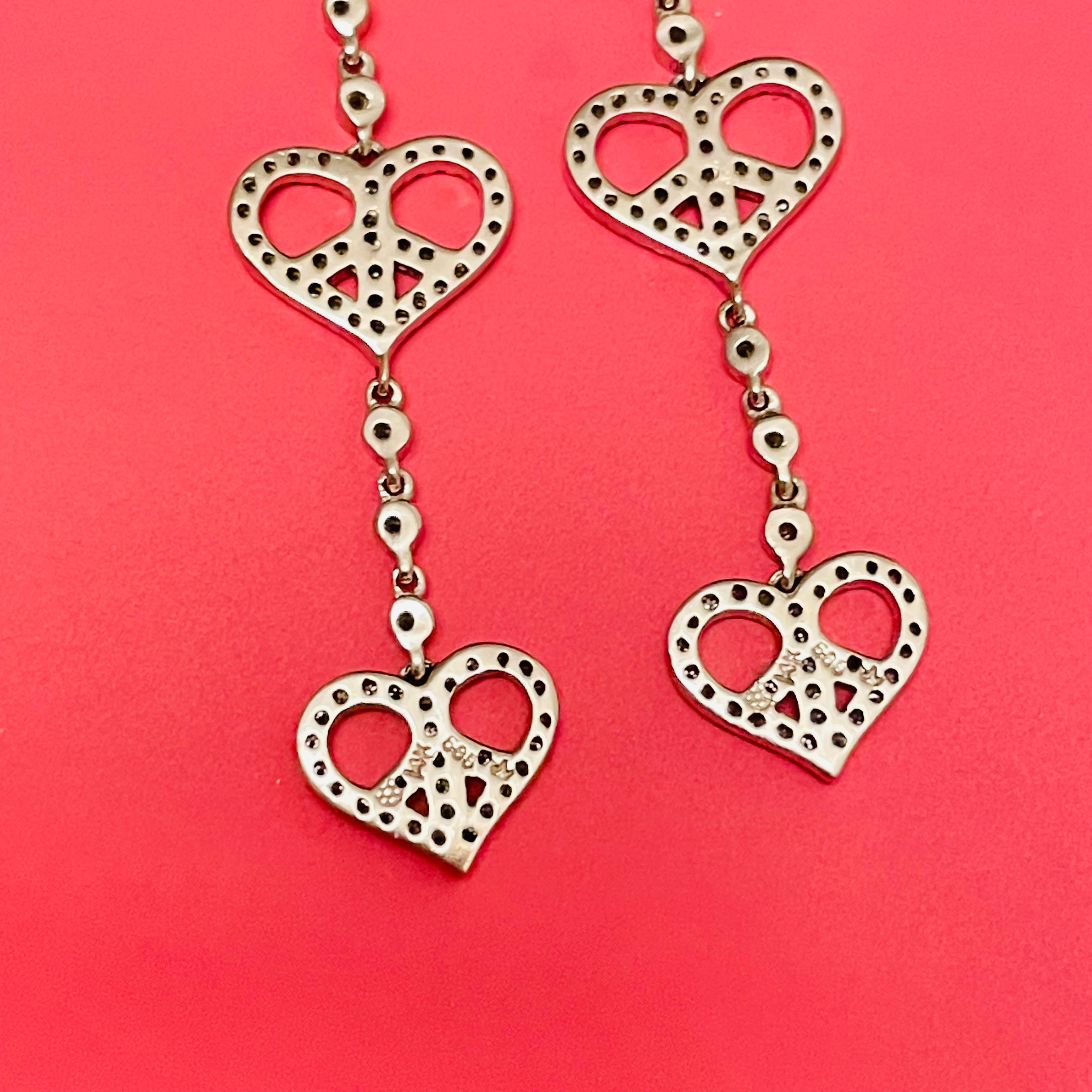Natural Diamond 14K White Gold Long Peace Sign Heart Earrings