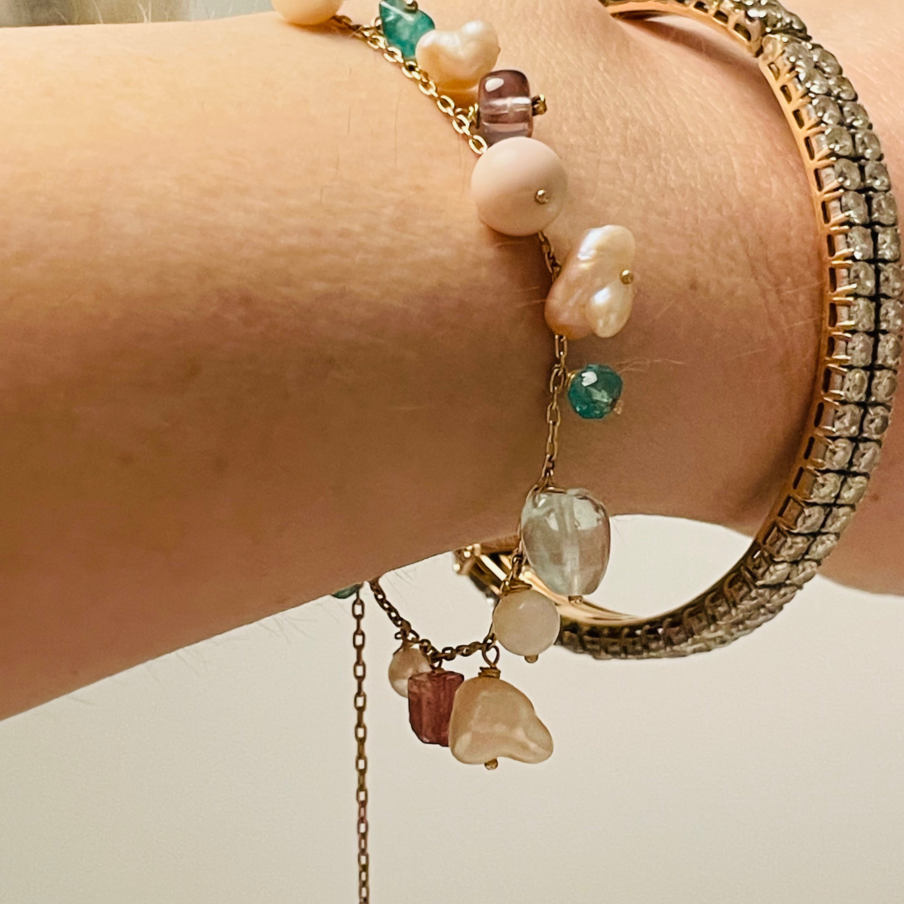 Fairy Garden Solid 14K Yellow Gold Multi Gem Pastel Charm Bracelet