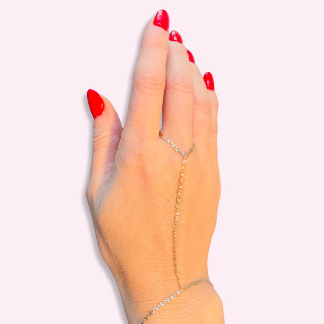 Solid 14K Yellow Gold Valentino Flat Chain HandChain Bracelet