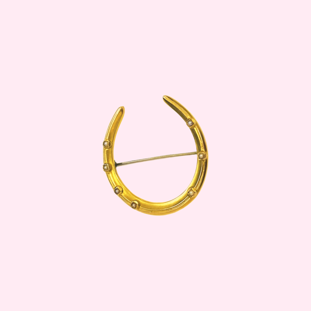 14K Vintage Seed Pearl Station Horse Shoe Pin Pendant 1.5 x 1.5"