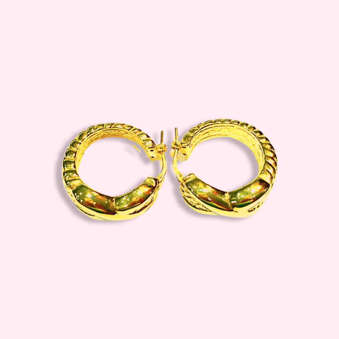 Puffy 10K Yellow Gold Vintage X Design 1" 14mm Hoop Earrings