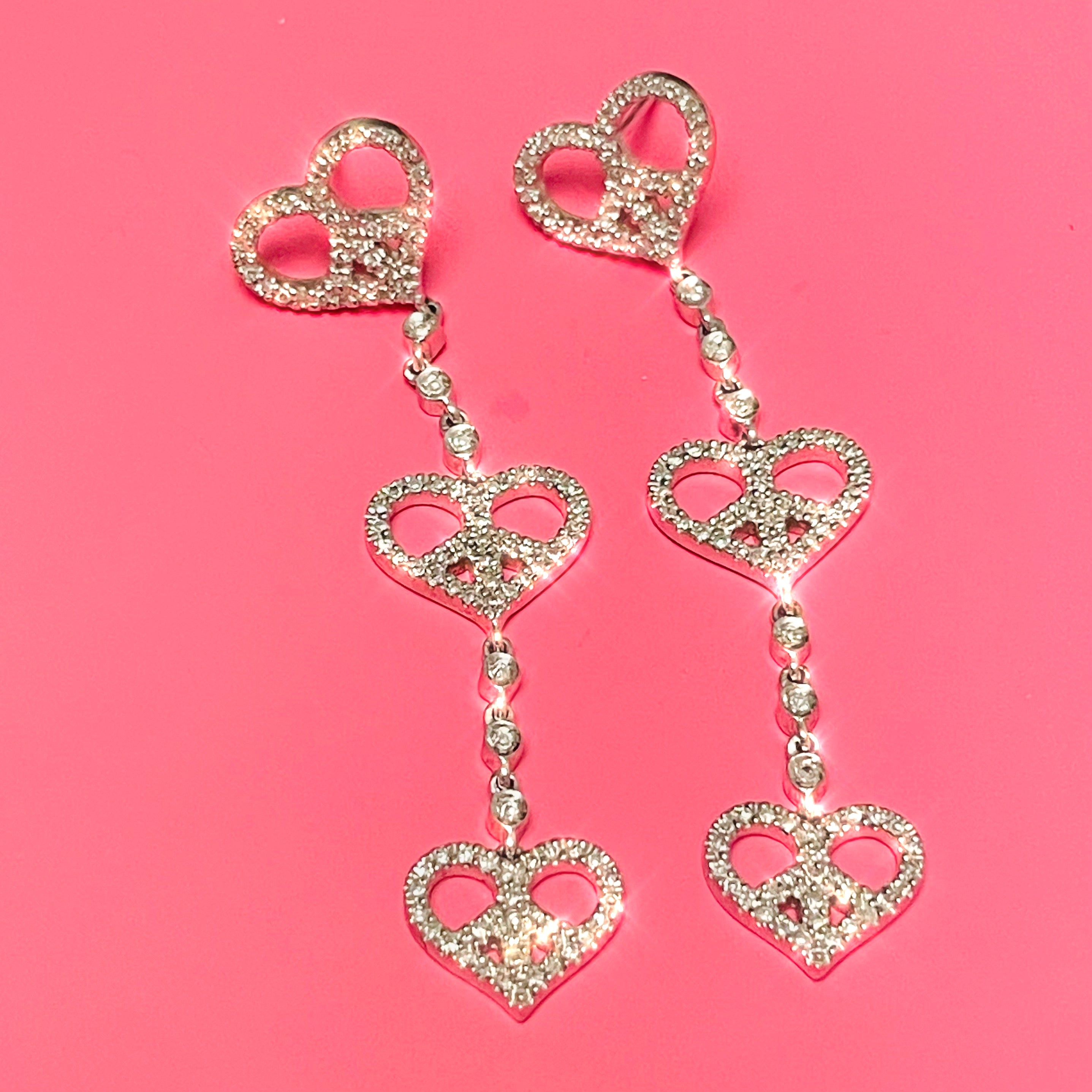 Natural Diamond 14K White Gold Long Peace Sign Heart Earrings