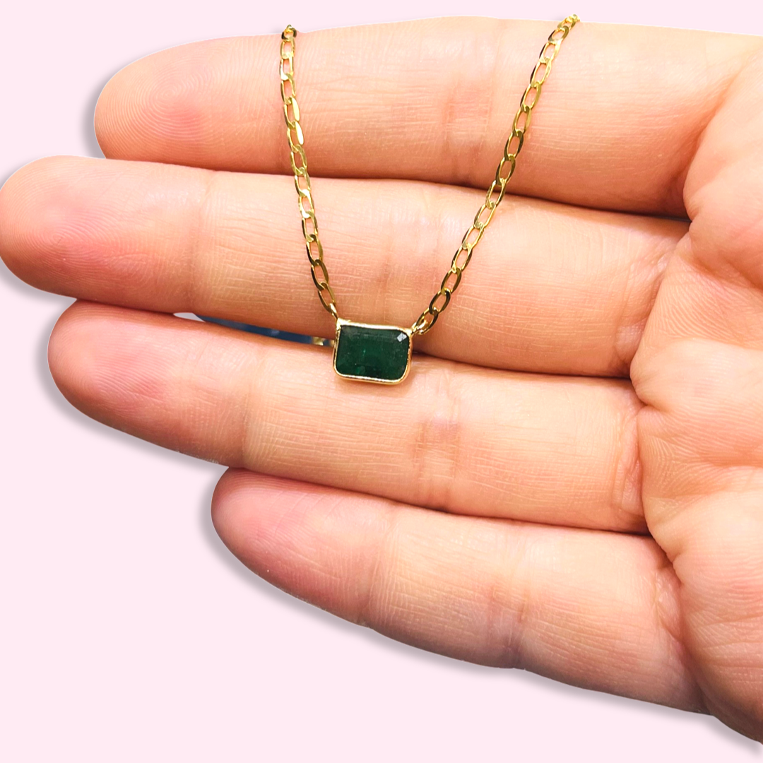 14K Yellow Gold Solitaire Natural Rectangular Emerald Necklace, 16"