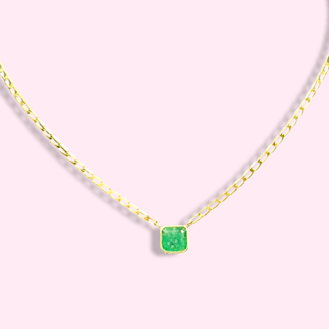 14K Yellow Gold Solitaire Square Natural Emerald Necklace, 18"