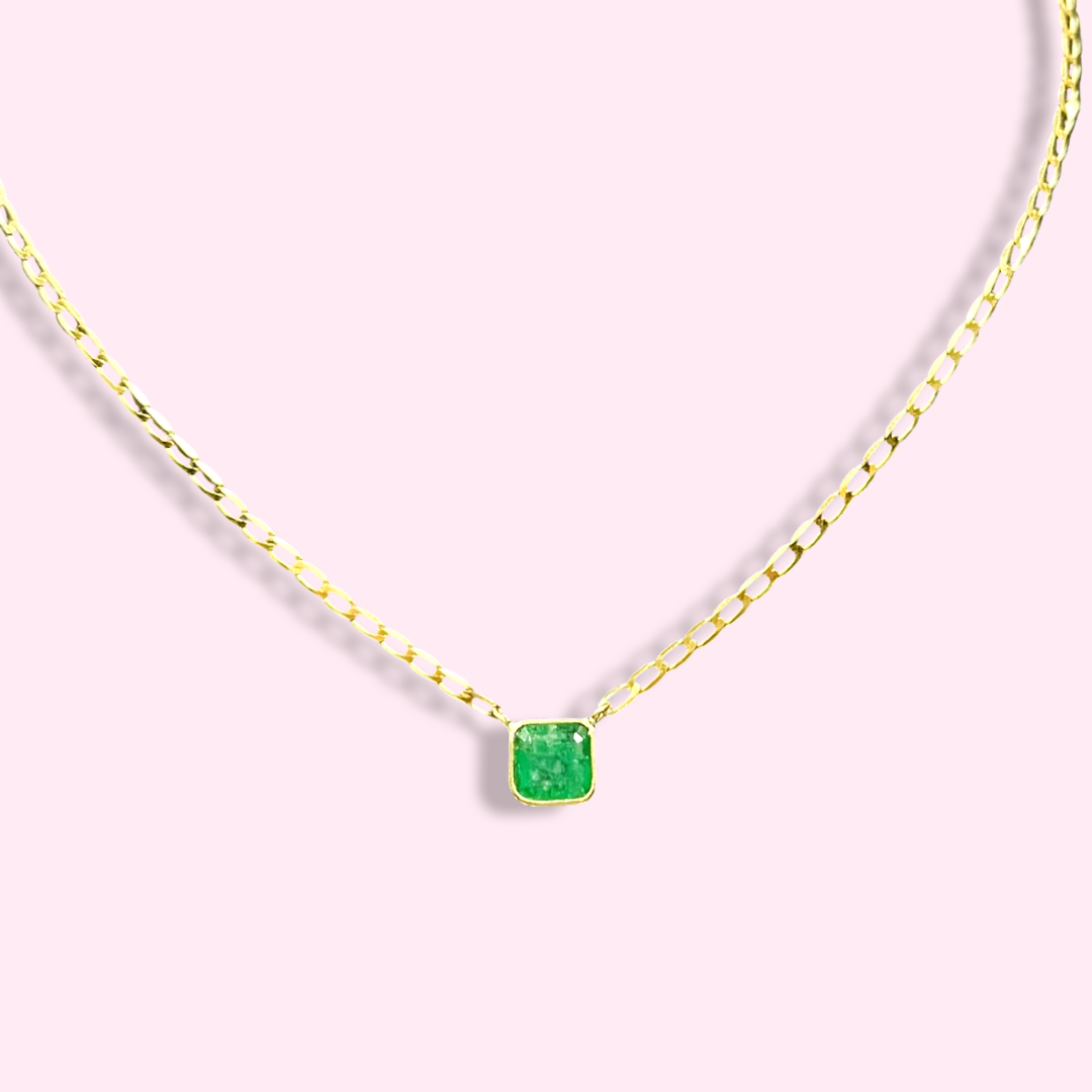 14K Yellow Gold Solitaire Square Natural Emerald Necklace, 18"