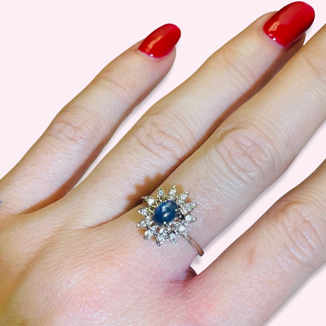 14K White Gold Natural Star Sapphire and Diamond Halo Ring sz 6