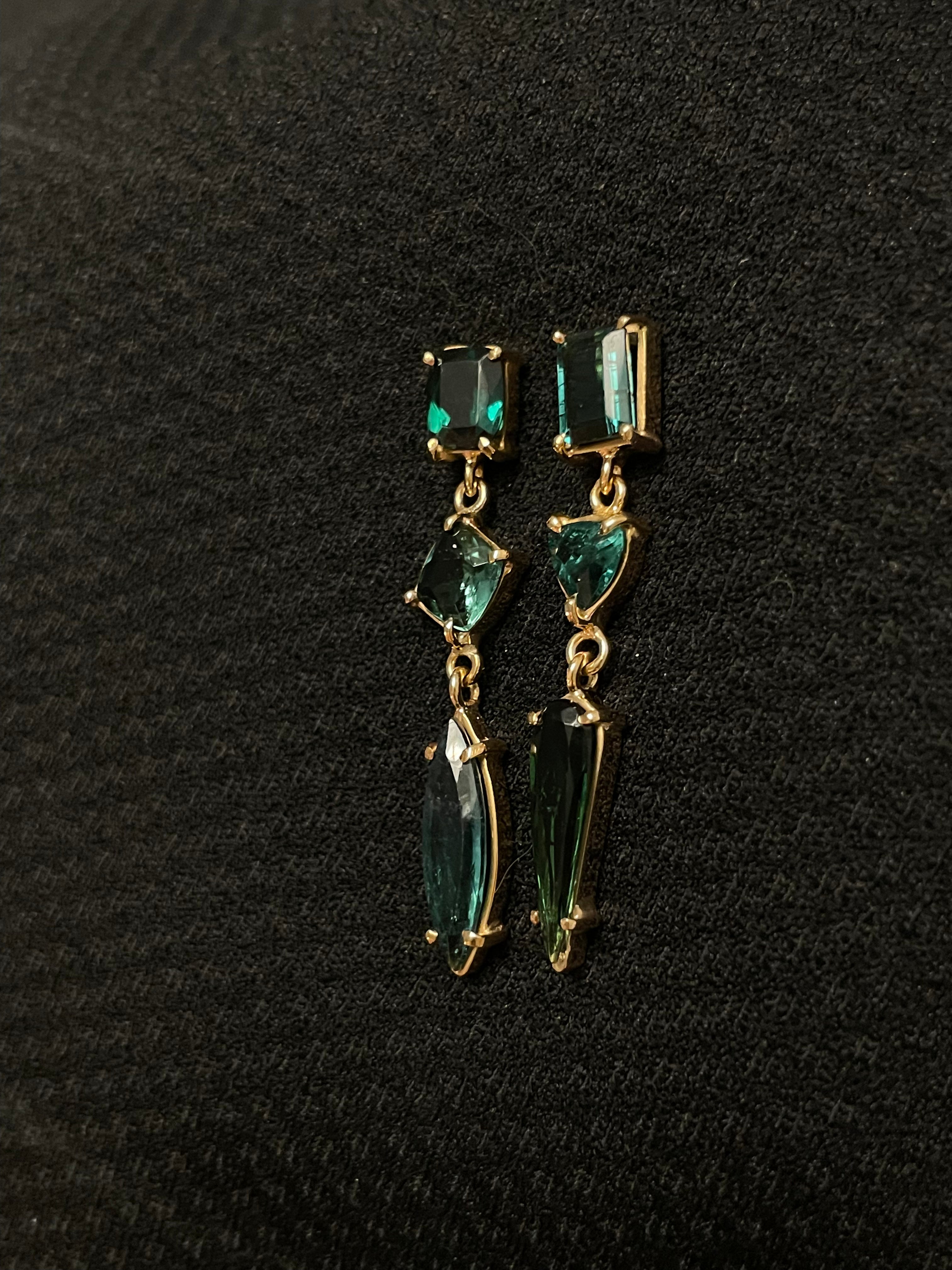 Green Tourmaline 14K Yellow Gold Ling Asymmetric Drop Earrings