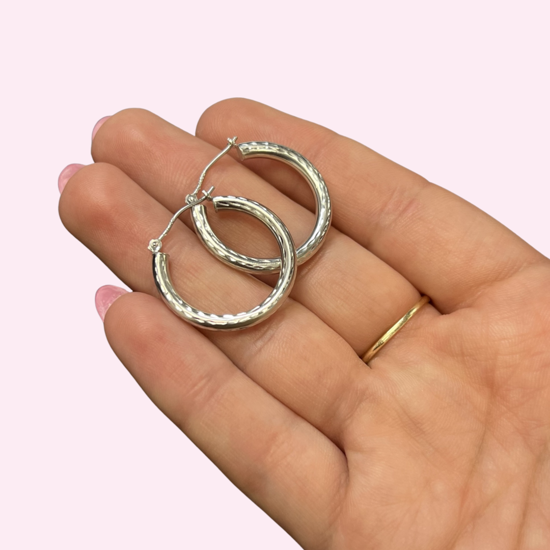 14K 1" 3mm White Gold Hoop Earrings