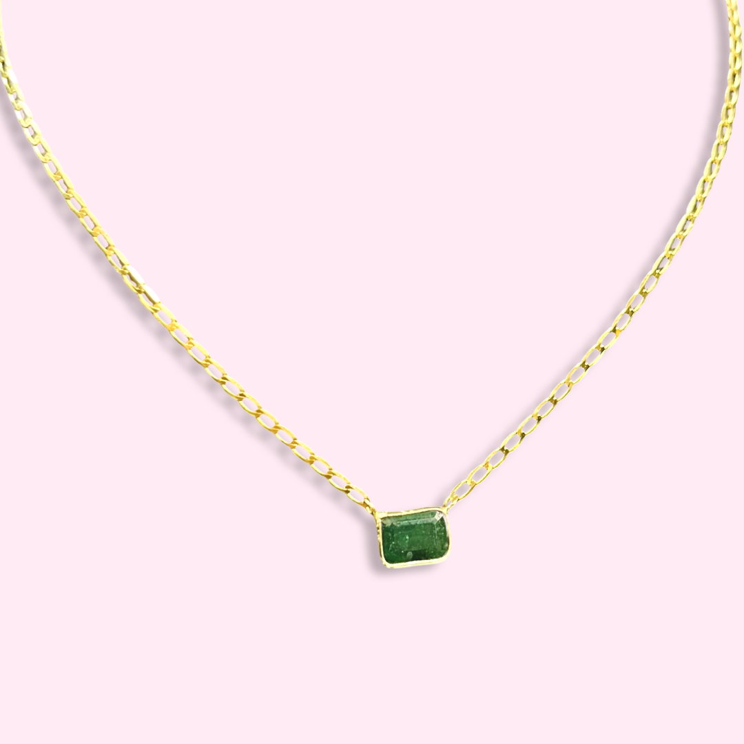 14K Yellow Gold Solitaire Natural Rectangular Emerald Necklace, 16"