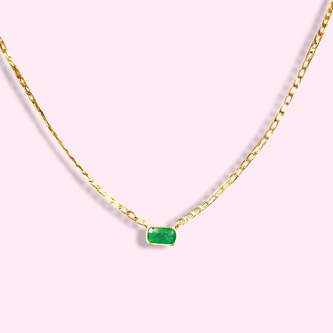 14K Yellow Gold Solitaire Rectangular Natural Emerald Necklace, 18"