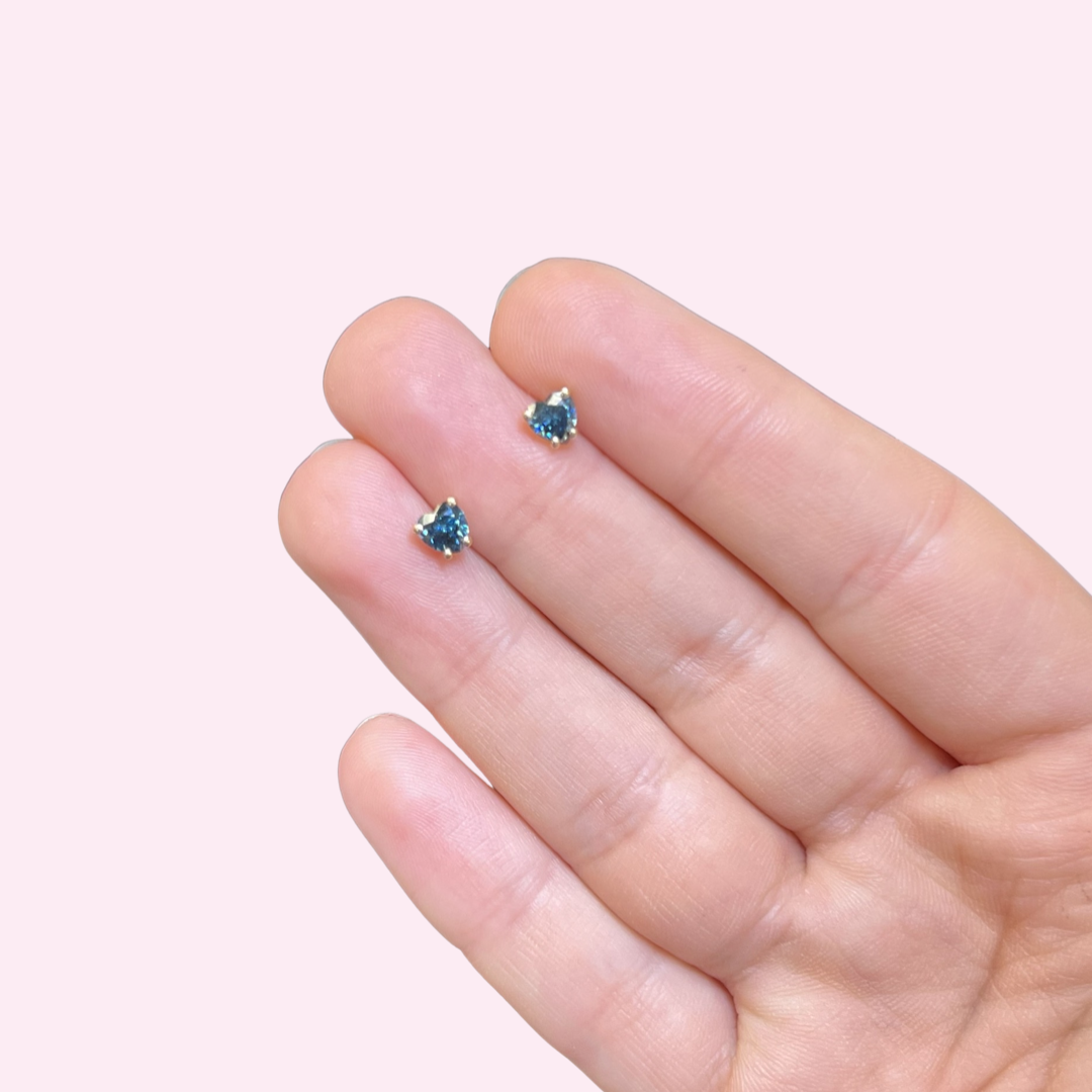 14K Yellow Gold Blue Diamond Heart Earring Studs