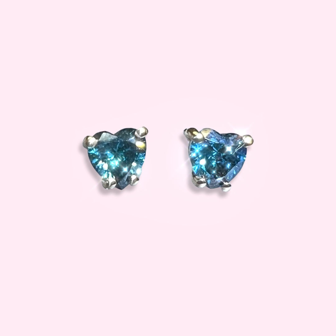 14K Yellow Gold Blue Diamond Heart Earring Studs