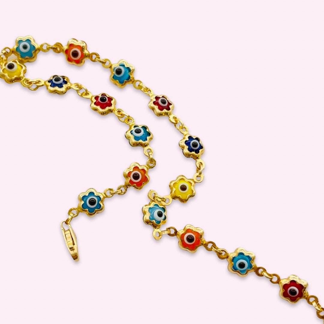 14K Yellow Gold Multi Color Evil Eye Flower Chain Bracelet