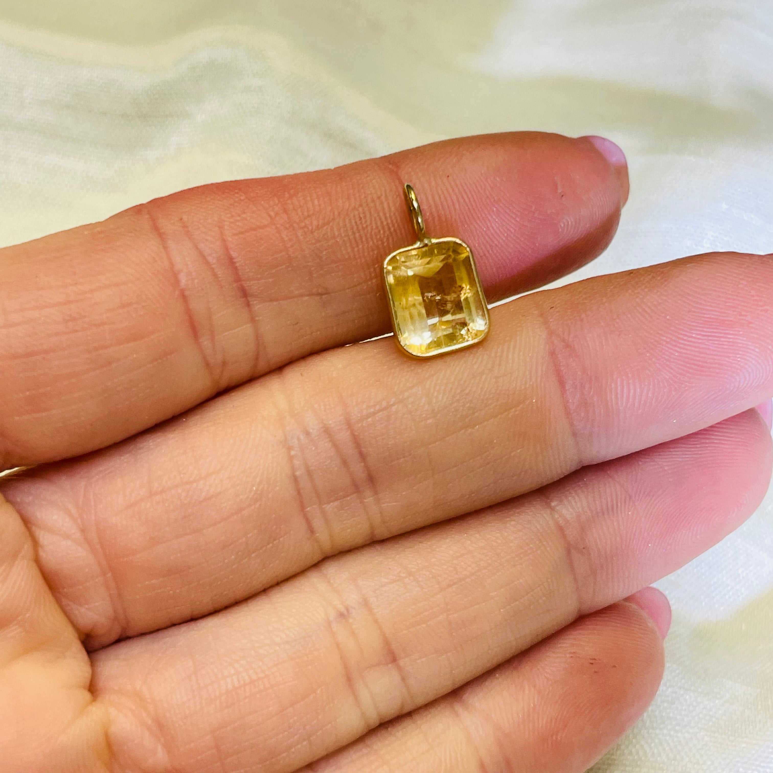Natural Yellow Citrine Emerald Cut 14K Yellow Gold Pendant Charm 13x6.5mm