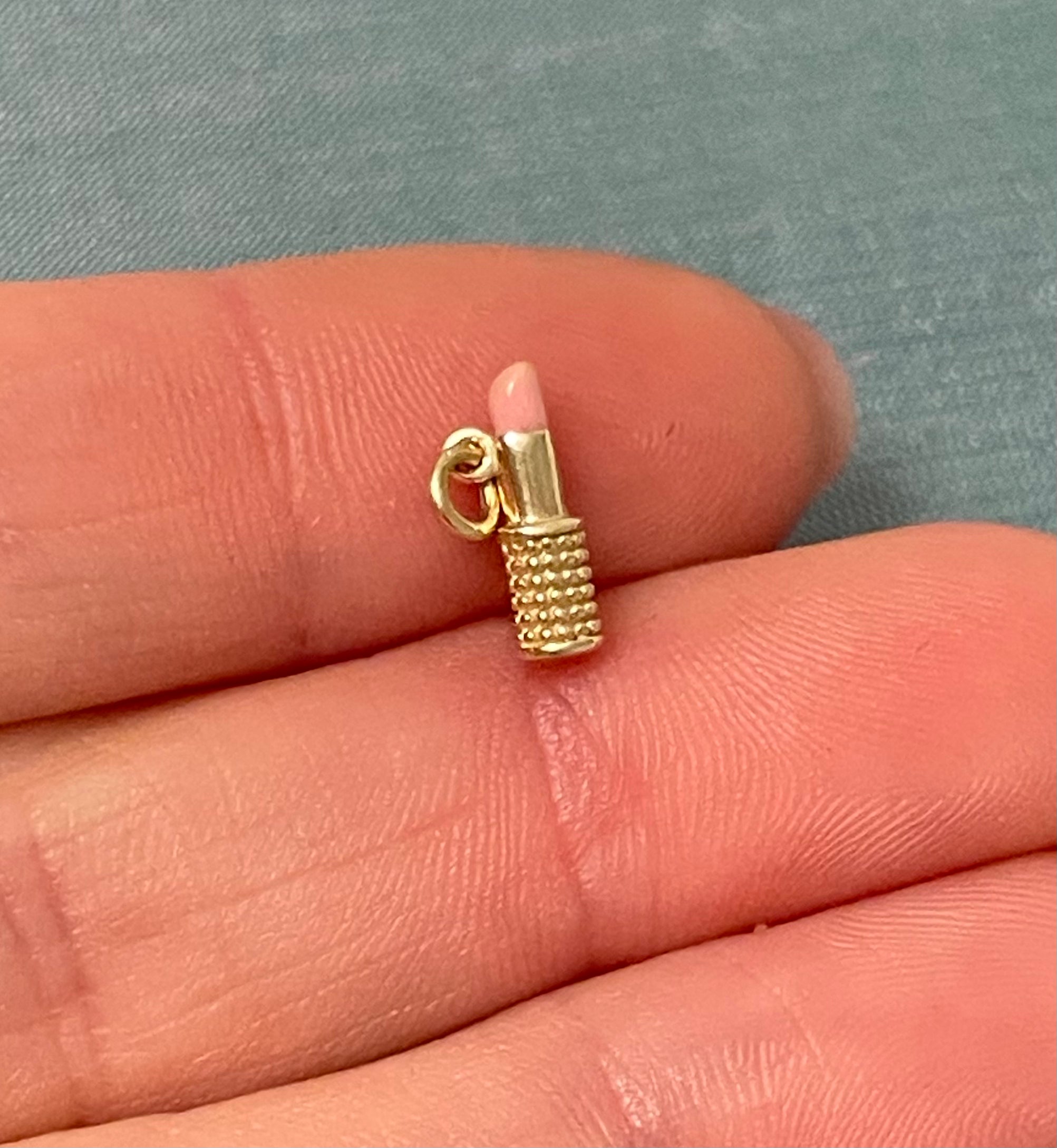 Mini Solid 14K Yellow Gold Pink Enamel Lipstick Charm Pendant