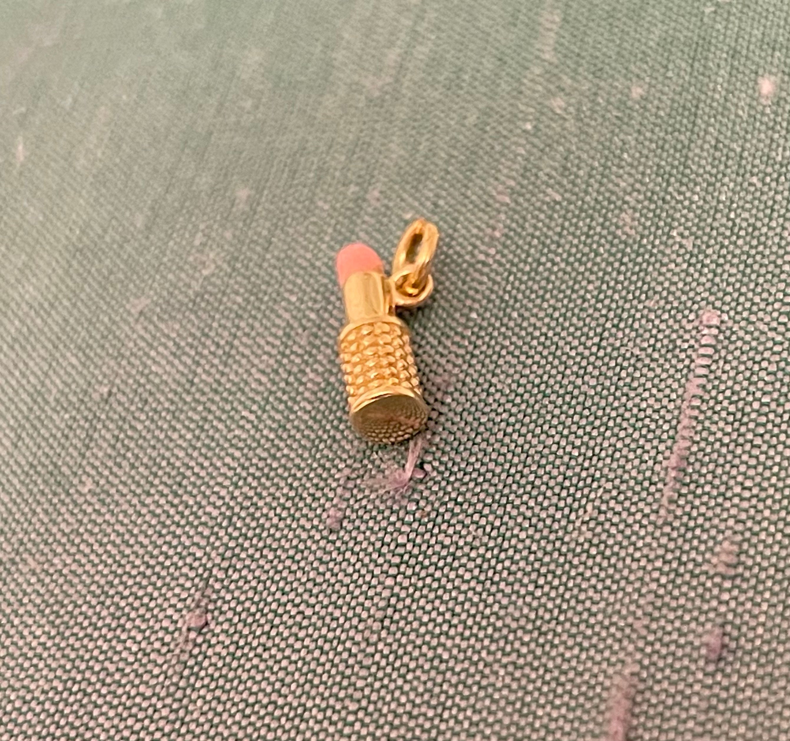 Mini Solid 14K Yellow Gold Pink Enamel Lipstick Charm Pendant