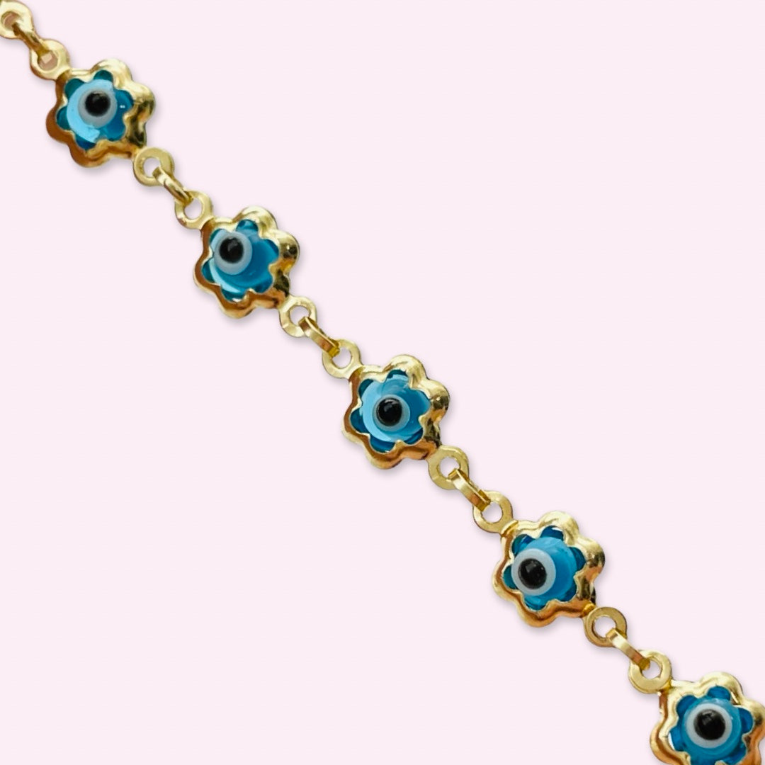 14K Yellow Gold Blue Teal Evil Eye Flower Chain Bracelet