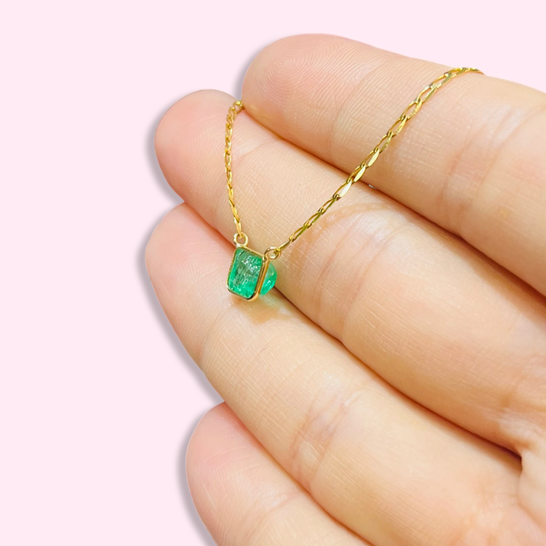 14K Yellow Gold Solitaire Natural Square Emerald Necklace, 16"