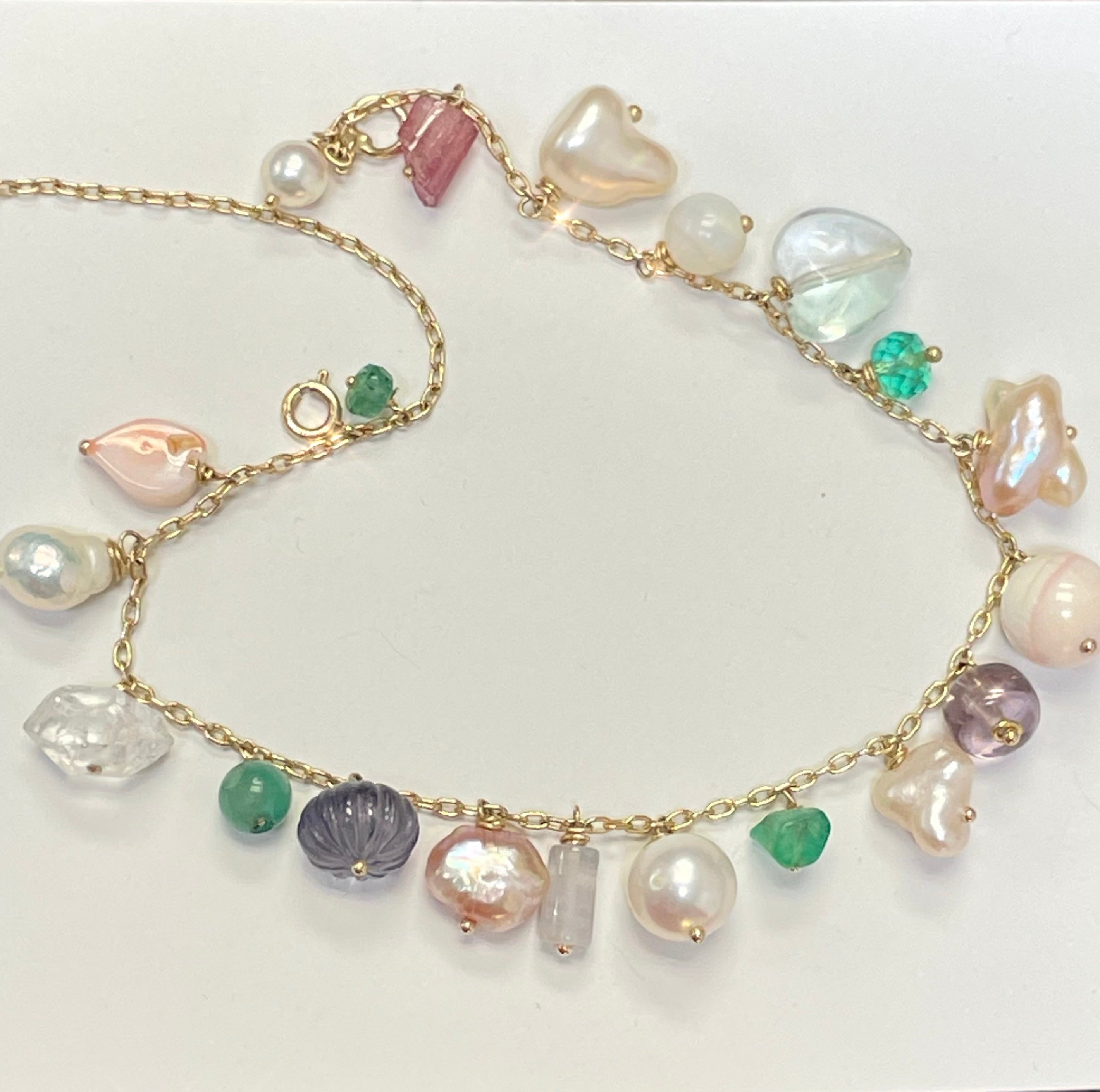 Fairy Garden Solid 14K Yellow Gold Multi Gem Pastel Charm Bracelet