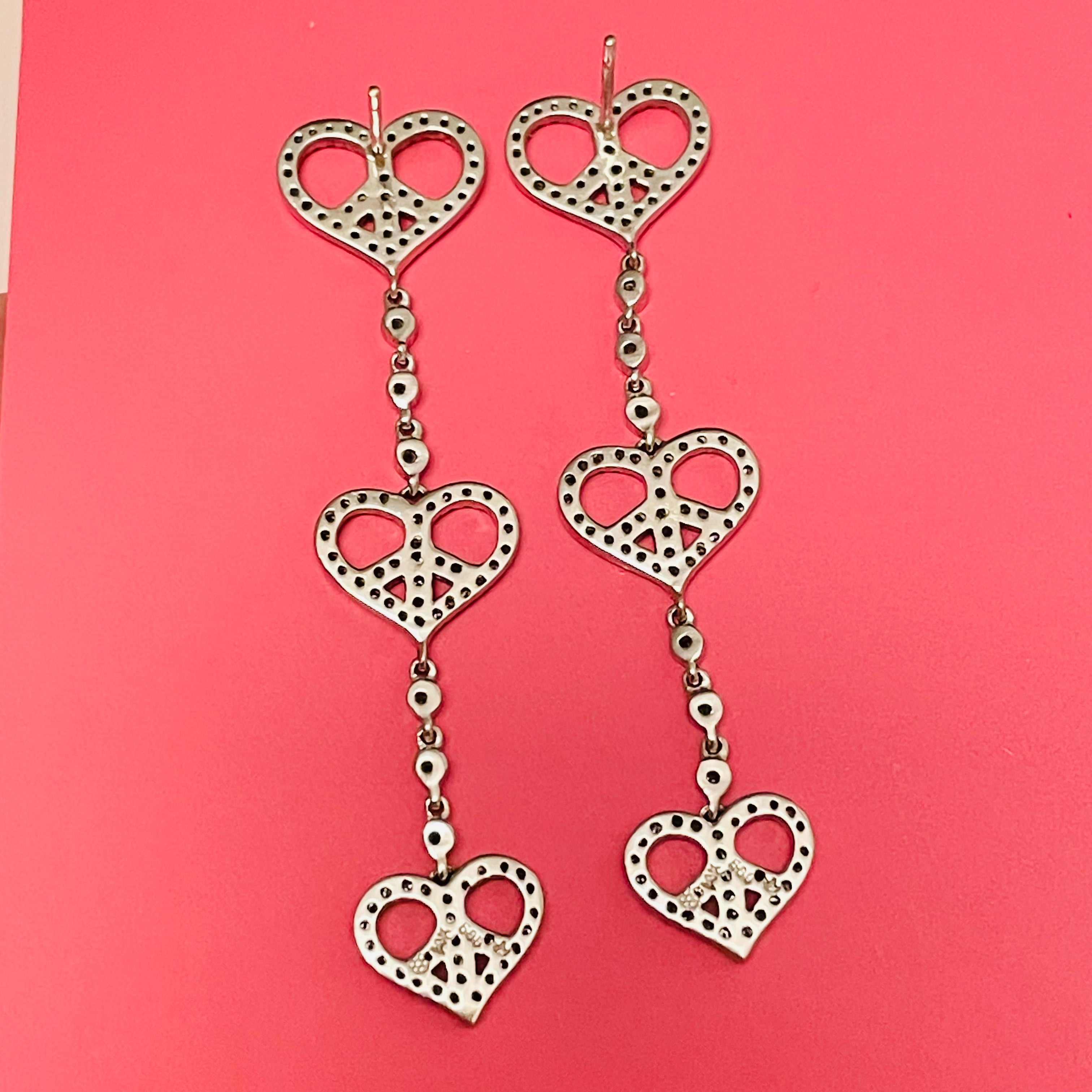 Natural Diamond 14K White Gold Long Peace Sign Heart Earrings