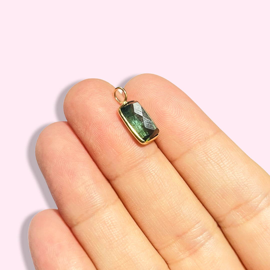 Blue Aqua Rectangular Tourmaline 14K Yellow Gold Pendant Charm 16x8mm