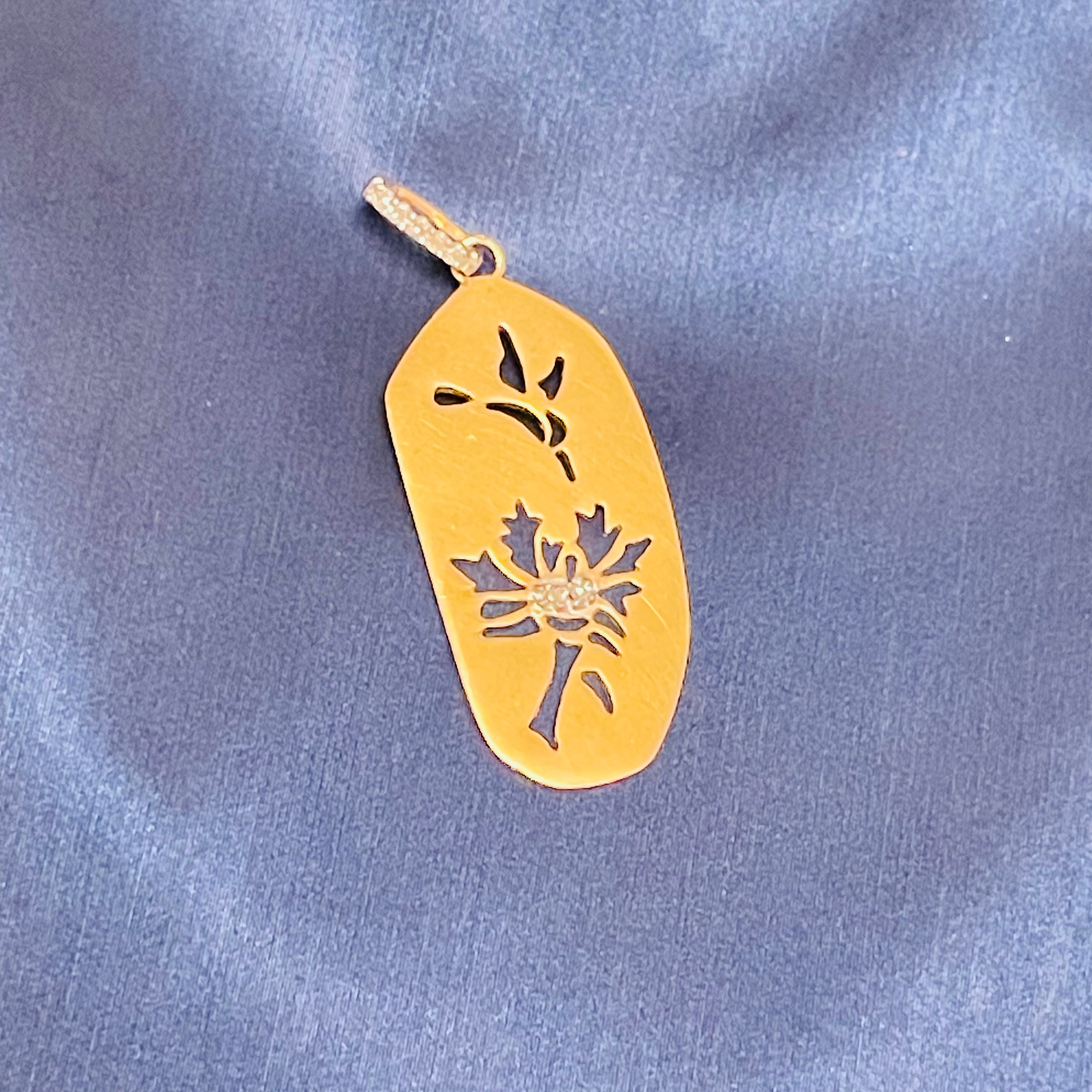 14K Yellow Gold Humming Bird and Flower Silhouette Diamond Pendant