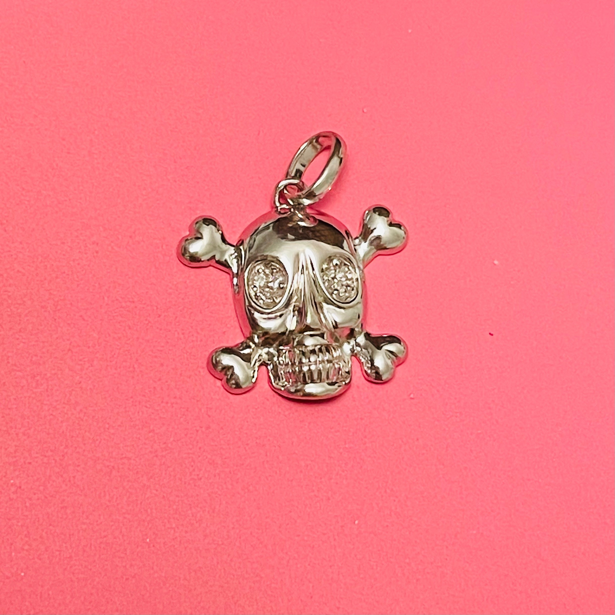 14K White Gold and Diamond Skull and Crossbones Charm Pendant
