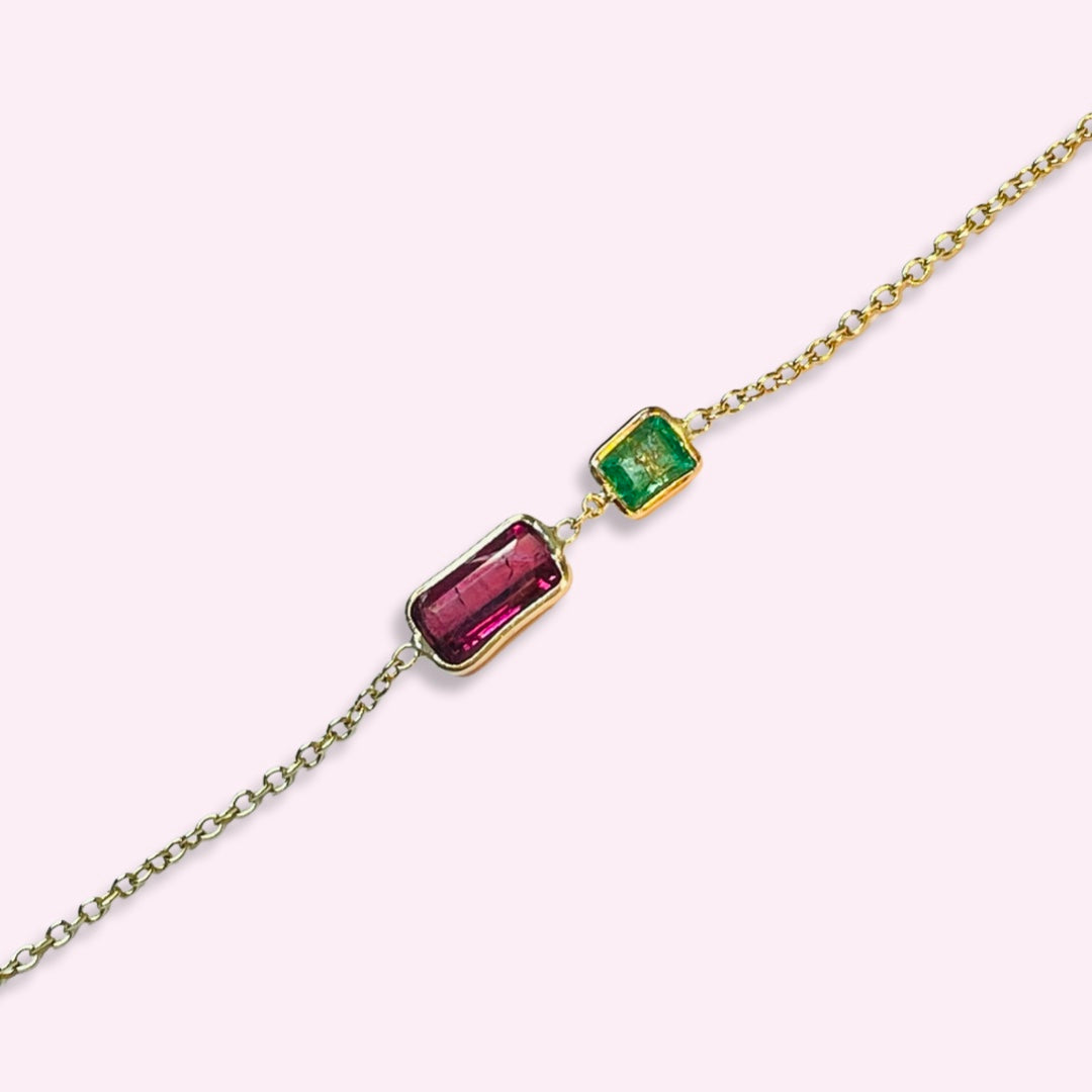 Emerald and Tourmaline 14K Yellow Gold Bracelet