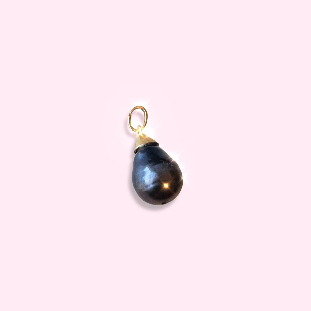 Black Pearl Pendant Charm 14K Yellow Gold