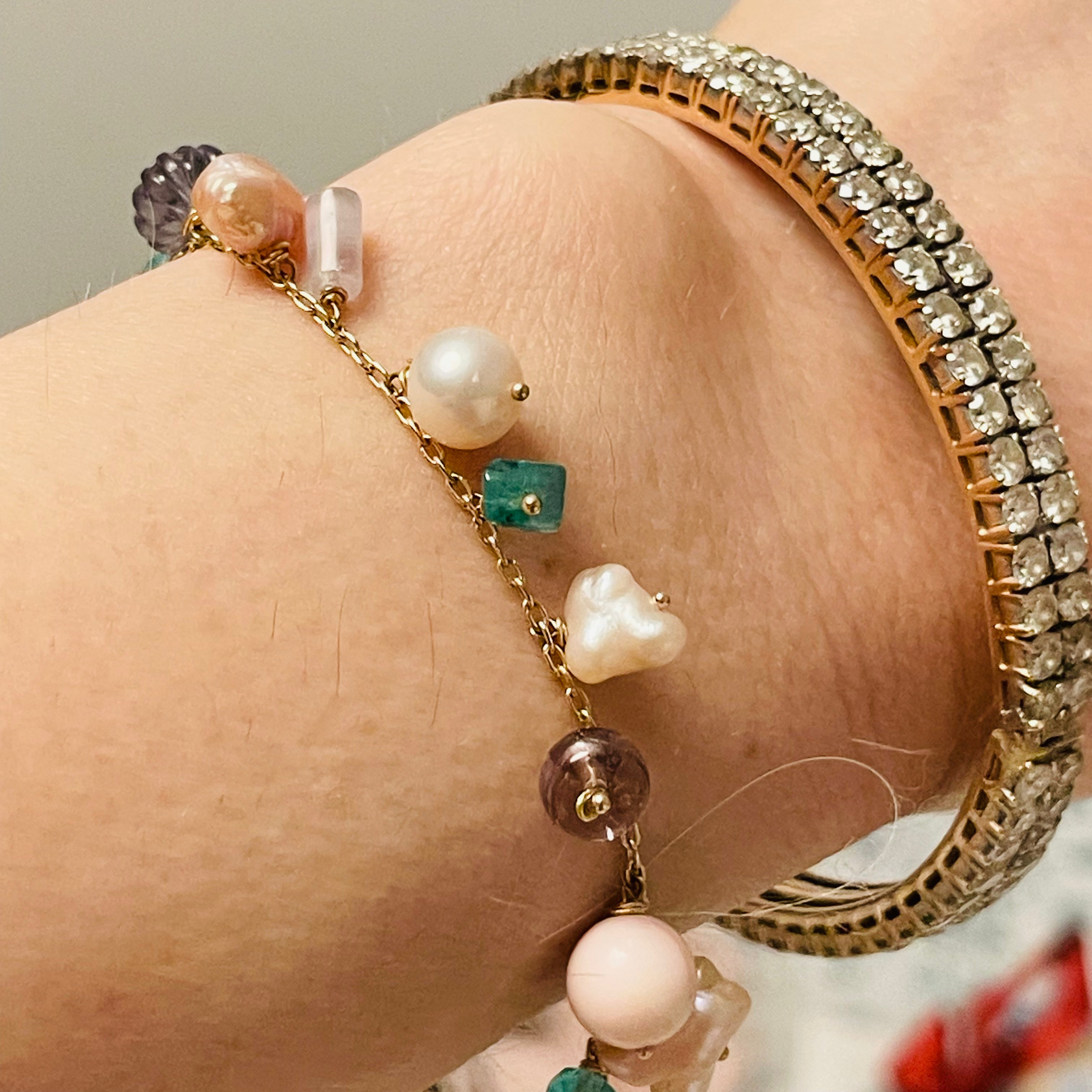 Fairy Garden Solid 14K Yellow Gold Multi Gem Pastel Charm Bracelet