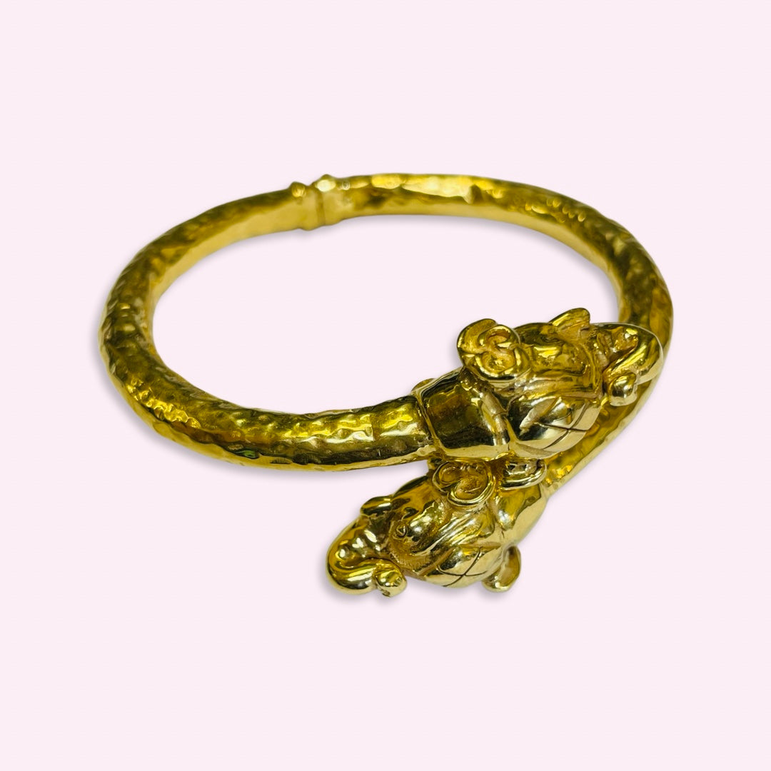 14K Yellow Gold Double Headed Elephant Bangle Wrap Bracelet