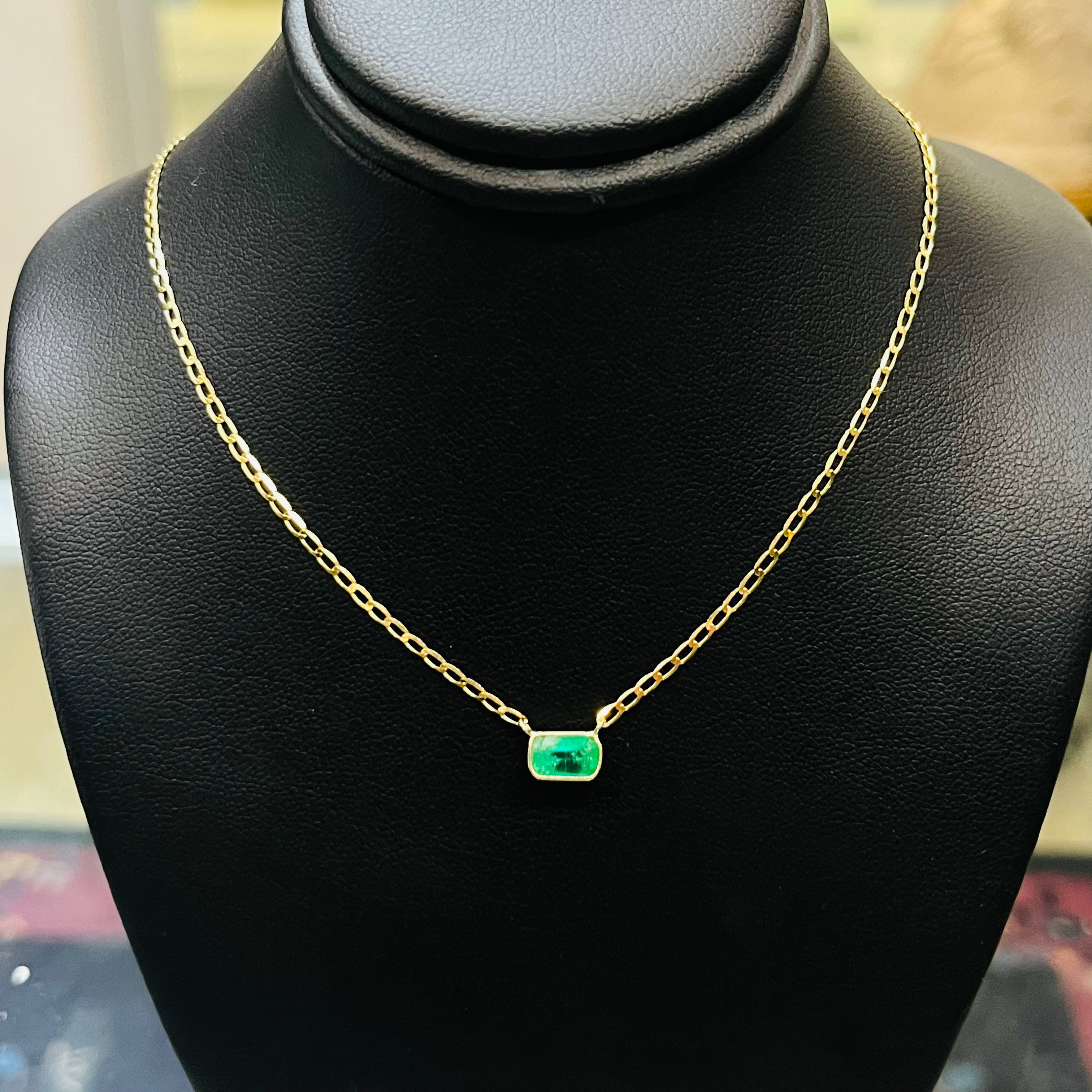 14K Yellow Gold Solitaire Rectangular Natural Emerald Necklace, 18"