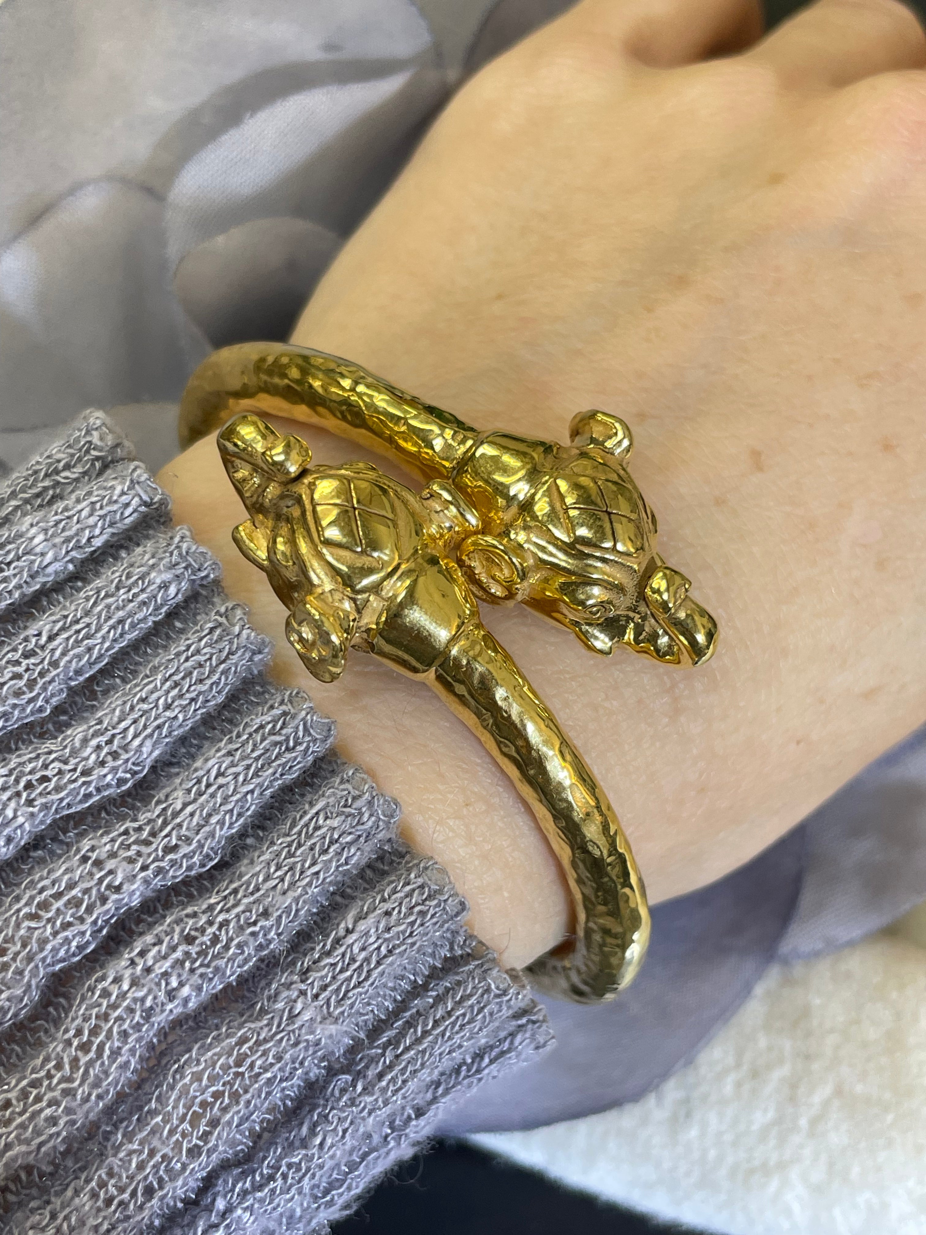 14K Yellow Gold Double Headed Elephant Bangle Wrap Bracelet