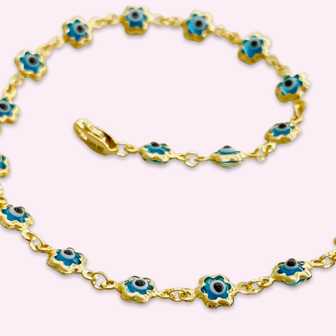 14K Yellow Gold Blue Teal Evil Eye Flower Chain Bracelet
