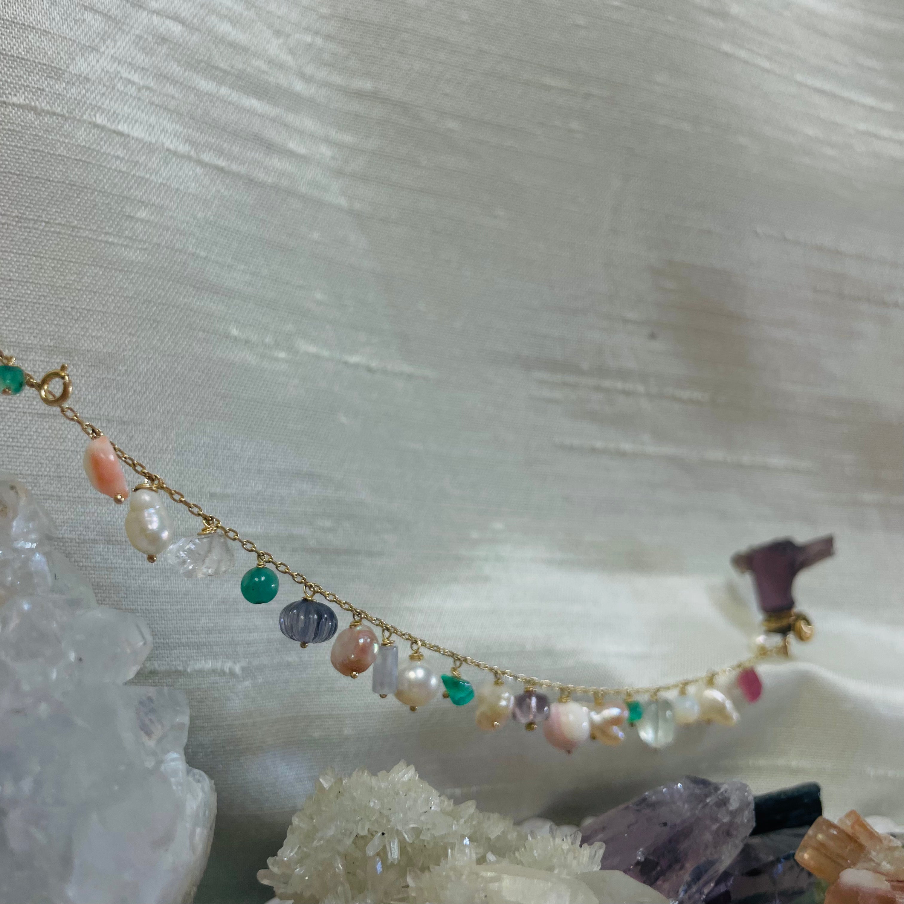 Fairy Garden Solid 14K Yellow Gold Multi Gem Pastel Charm Bracelet
