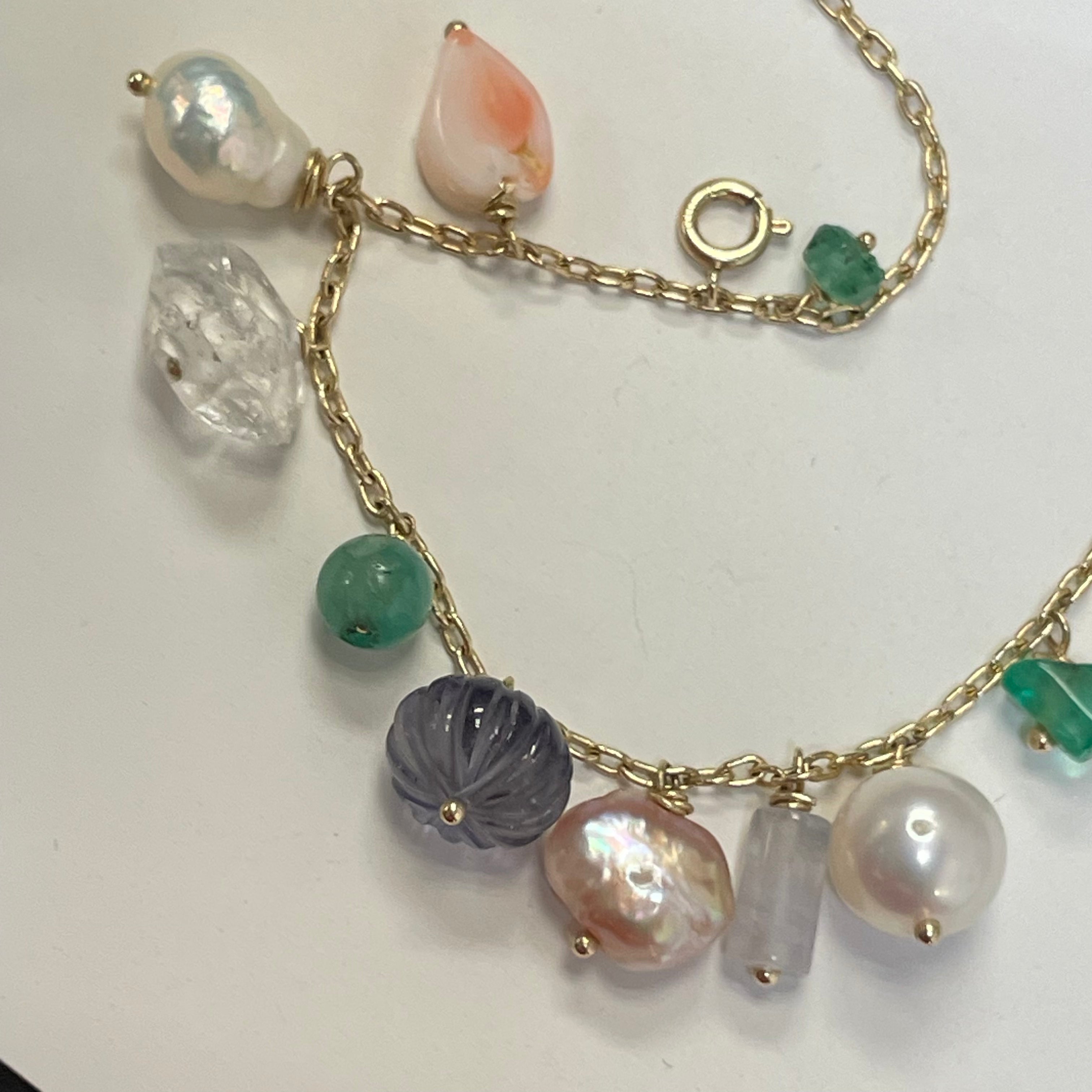 Fairy Garden Solid 14K Yellow Gold Multi Gem Pastel Charm Bracelet