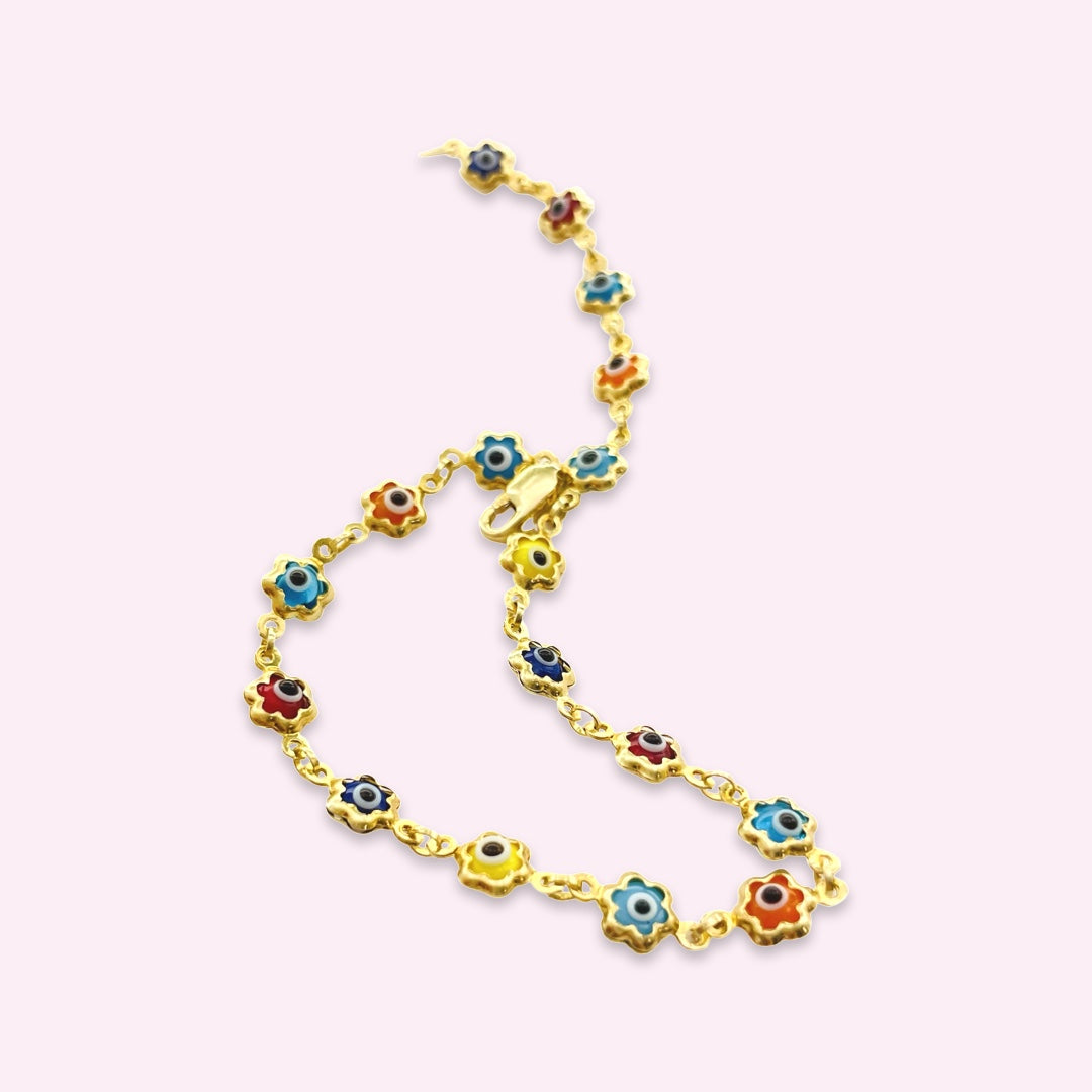 14K Yellow Gold Multi Color Evil Eye Flower Chain Bracelet
