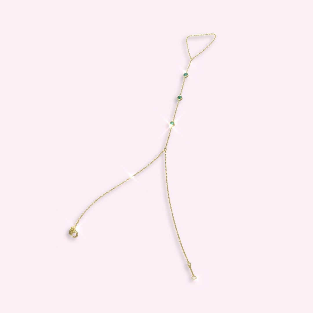 14K Yellow Gold Three Round Emerald Handchain