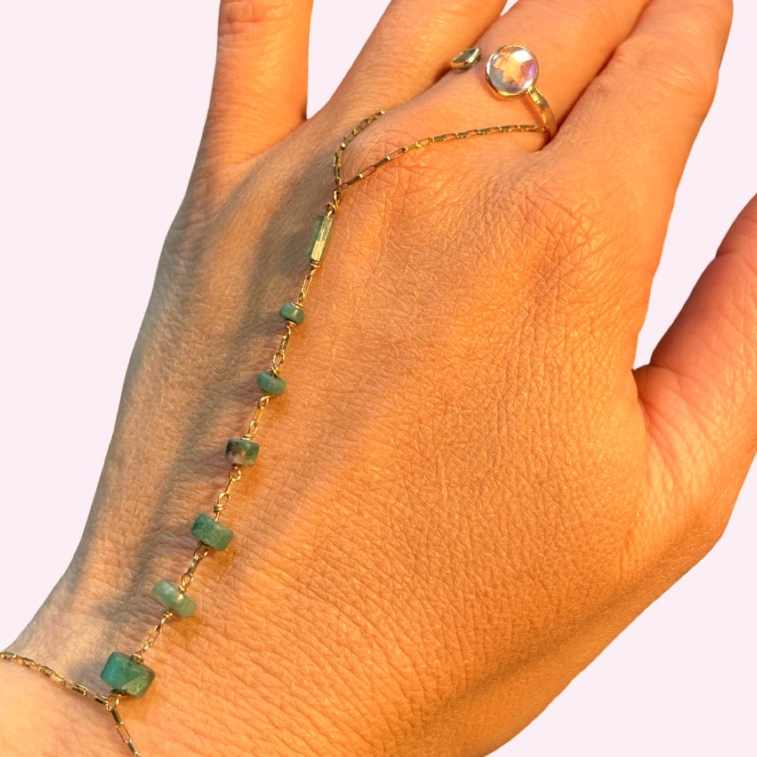 Colombian Emerald Bead Handchain 14k Yellow Gold