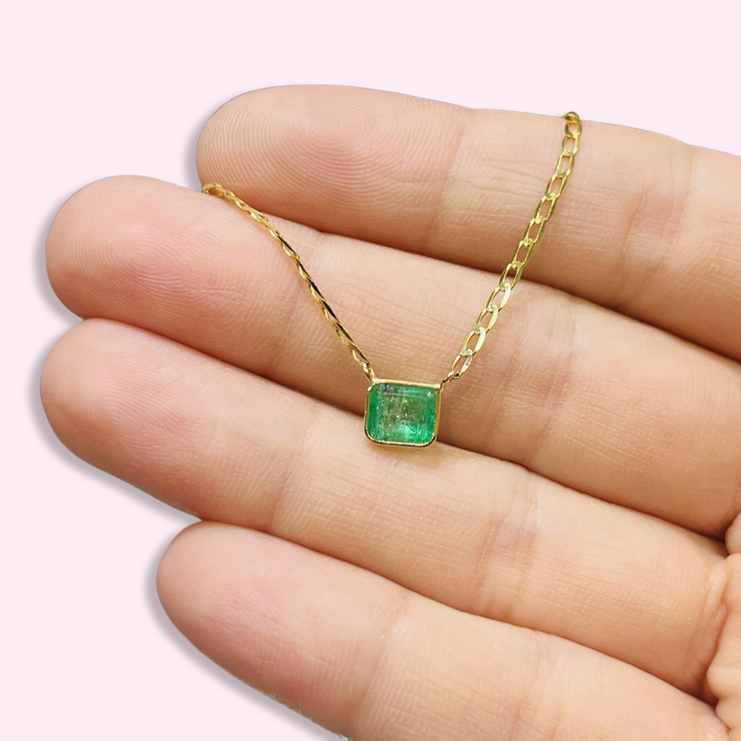 14K Yellow Gold Solitaire Natural Square Emerald Necklace, 16"