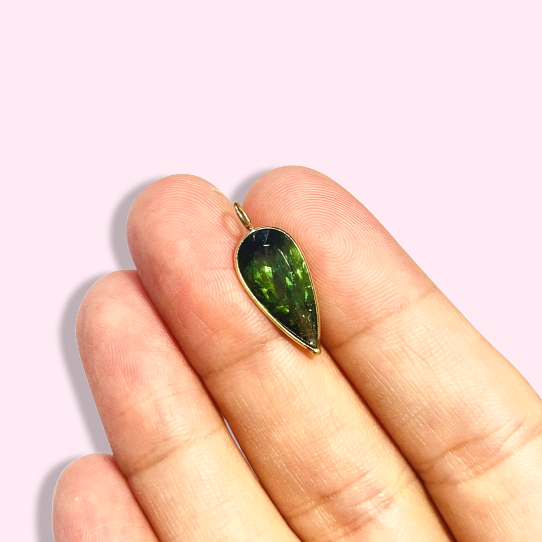 Deep Green Pear Cut Tourmaline 14K Yellow Gold Pendant Charm 22x9mm