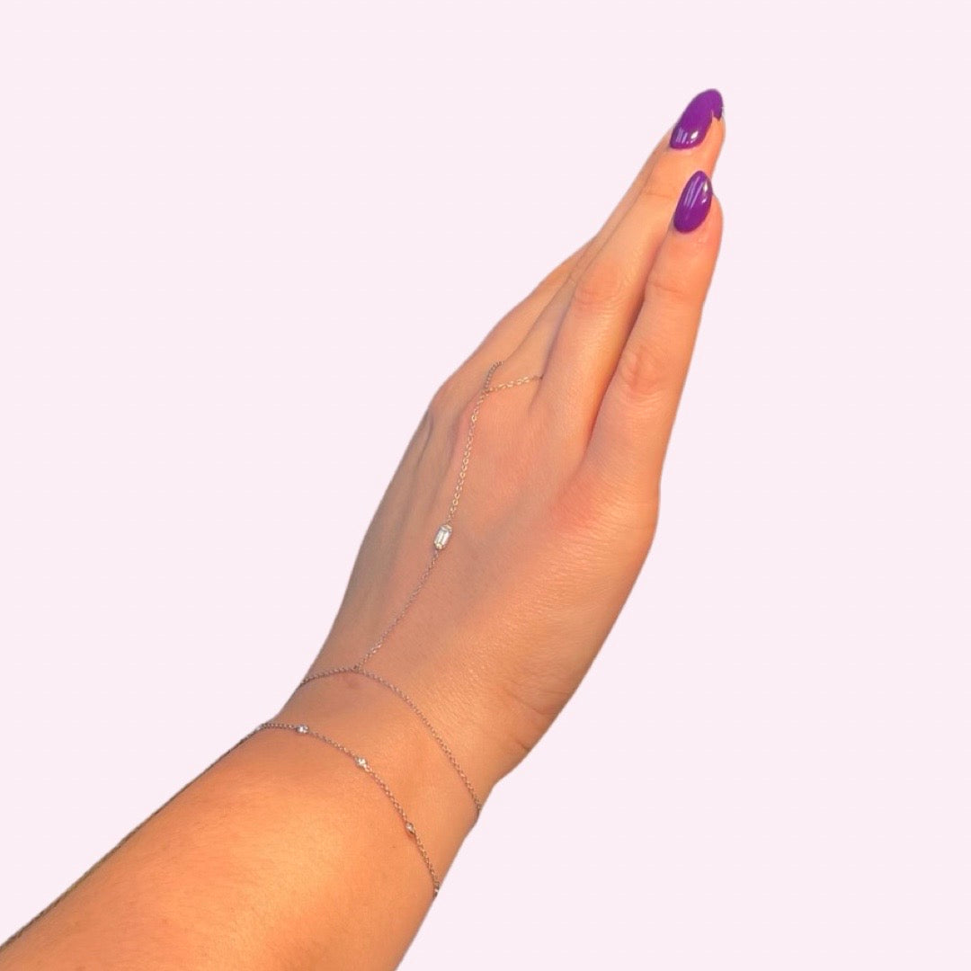 .15CT Baguette Diamond 14K White Gold Diamond Solitaire Hand Chain Bracelet