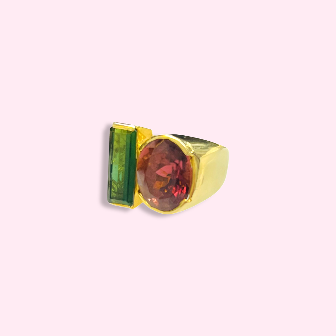 Amazing Large Green and Pink Tourmaline 14K Yellow Gold Ring 14K Yellow Gold Siz