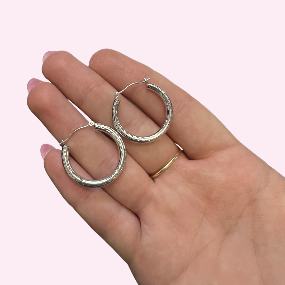 14K 1" 3mm White Gold Hoop Earrings