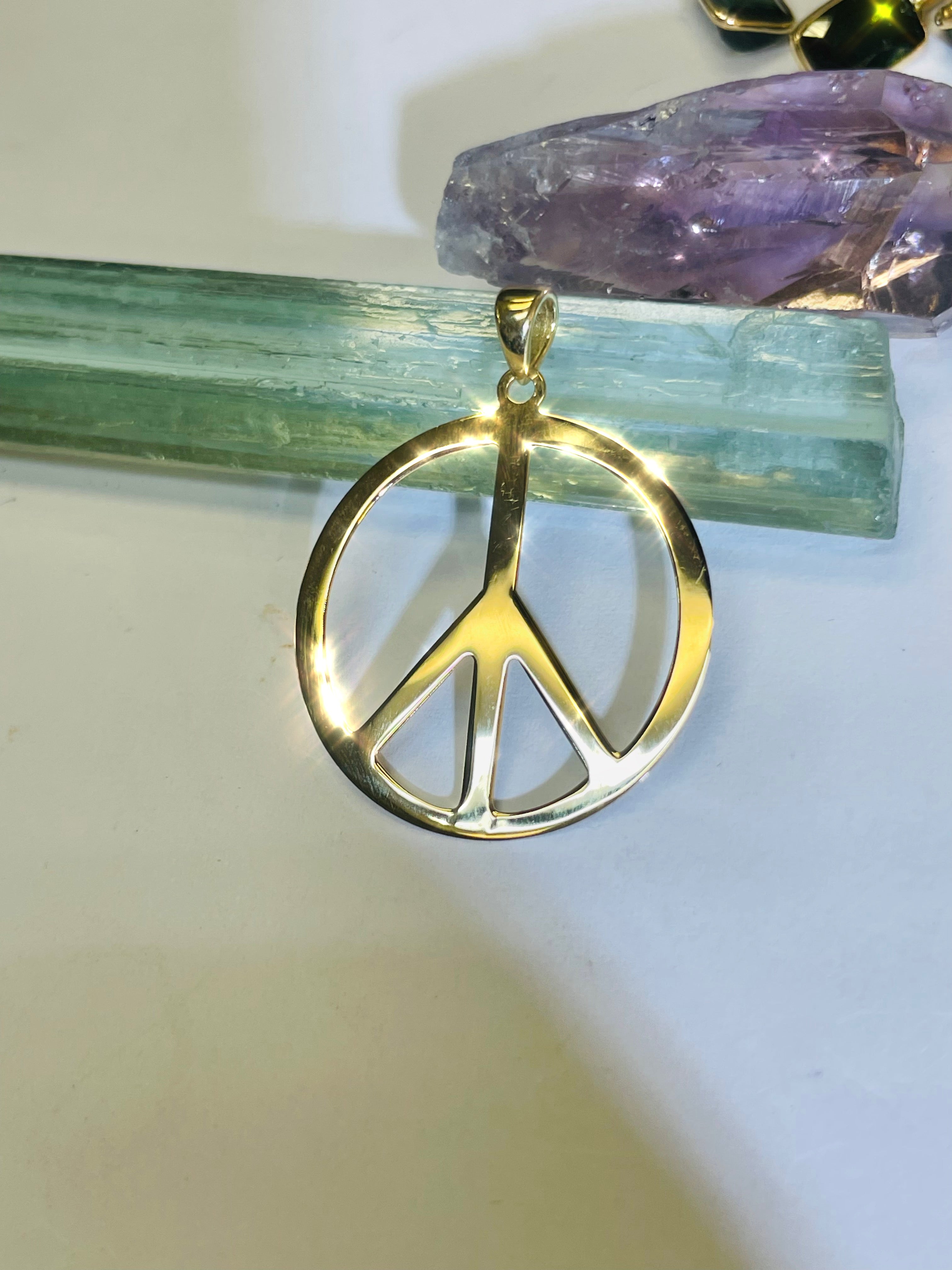 14K Yellow Gold Peace Sign Pendant 1.25x1”