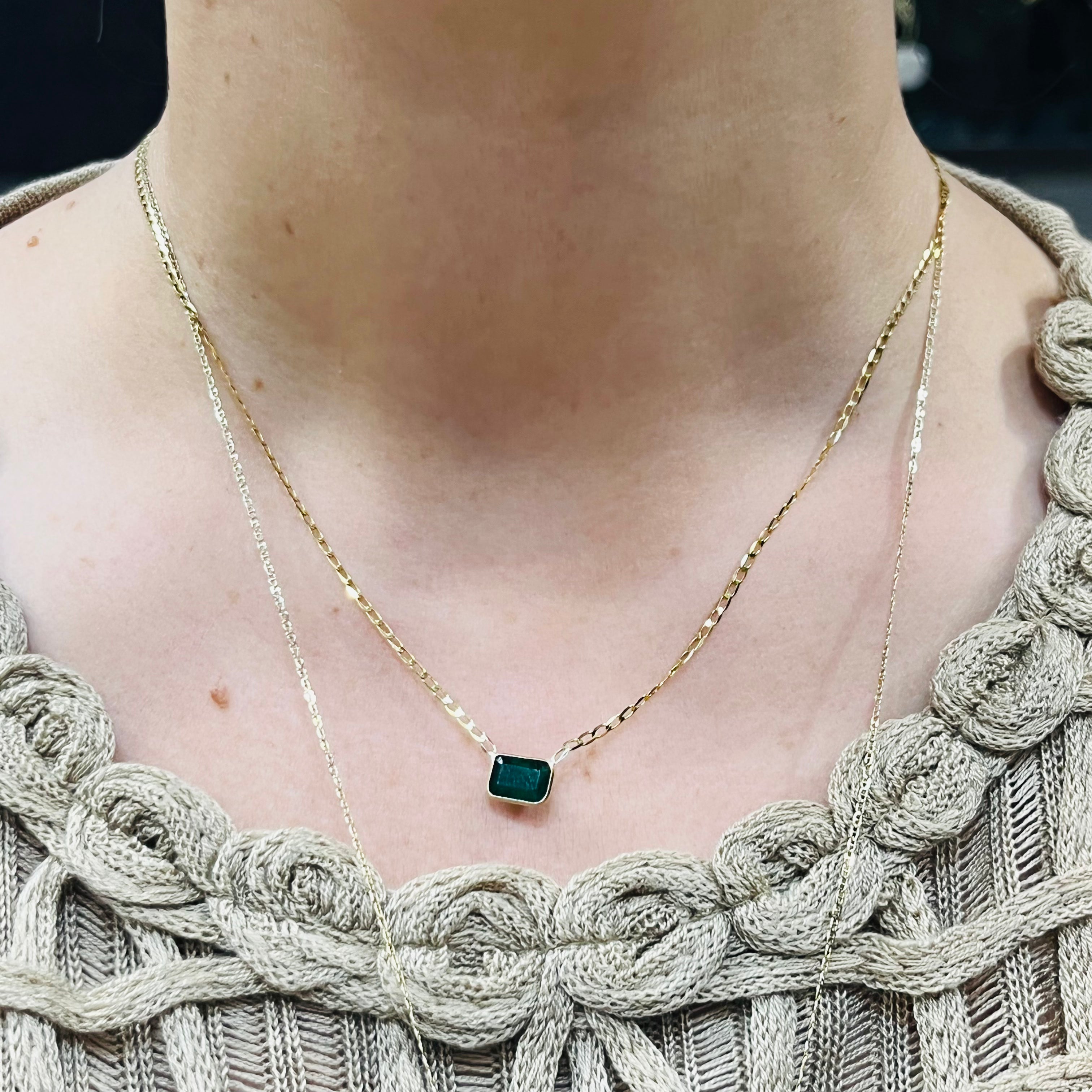 14K Yellow Gold Solitaire Natural Rectangular Emerald Necklace, 16"