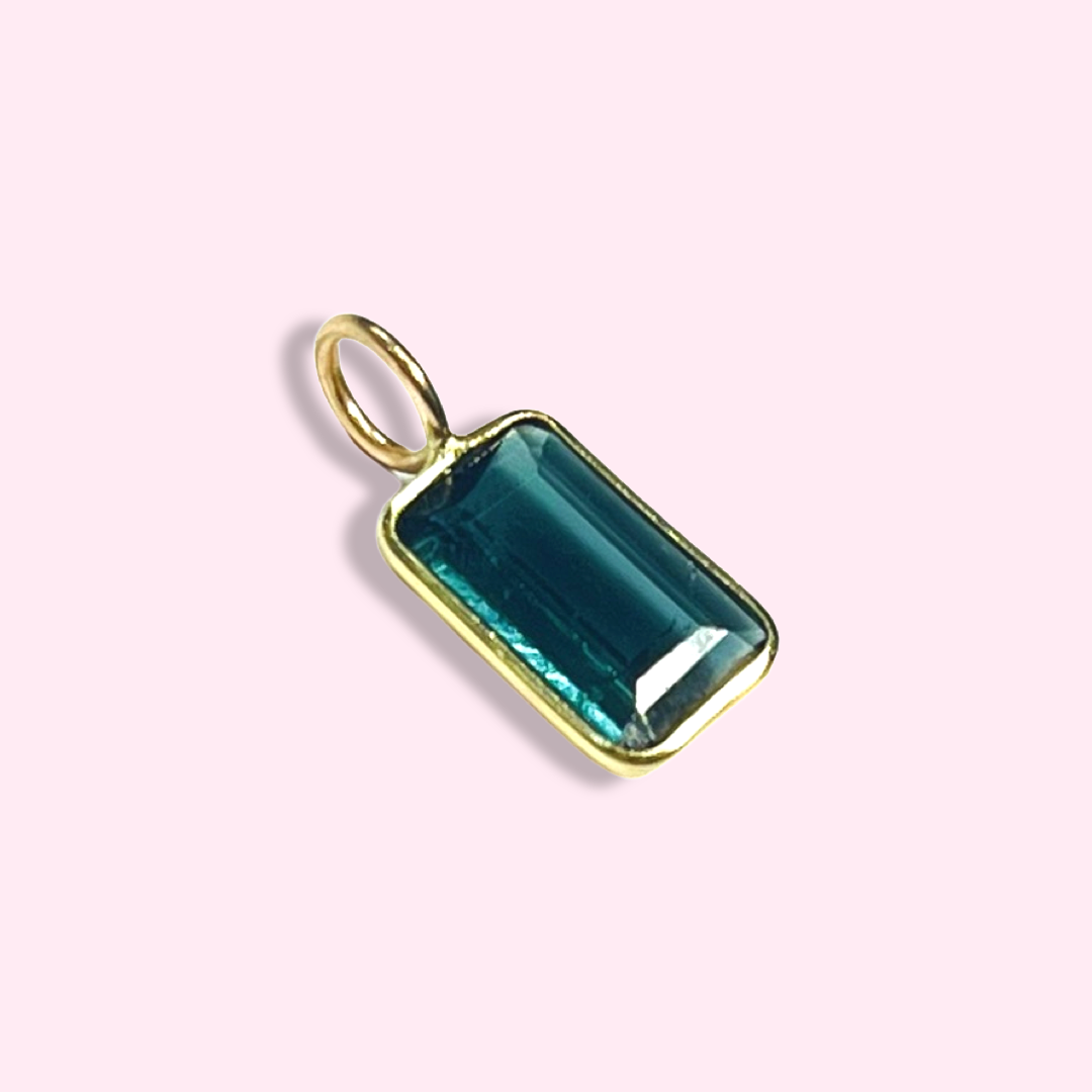 Natural Aqua Rectangular Tourmaline 14K Yellow Gold Pendant Charm 13x6mm